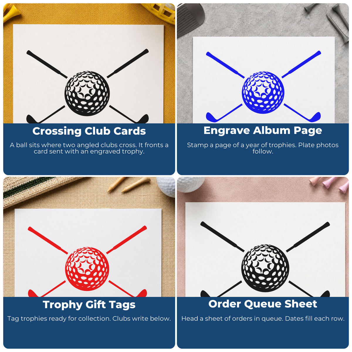 Four ways to use the Dimpled Golf Ball And Crossed Clubs Stamp - Premium Vintage Pro Wooden: crossing club cards, engrave album page, trophy gift tags and order queue sheet.