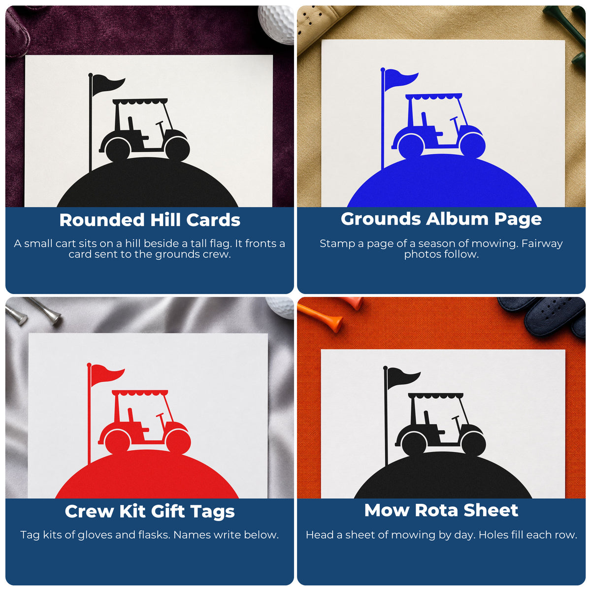 Rubber stamps for golf and sports-themed crafts, scrapbooks, coach cards, birthday parties, and custom gift wrapping.
