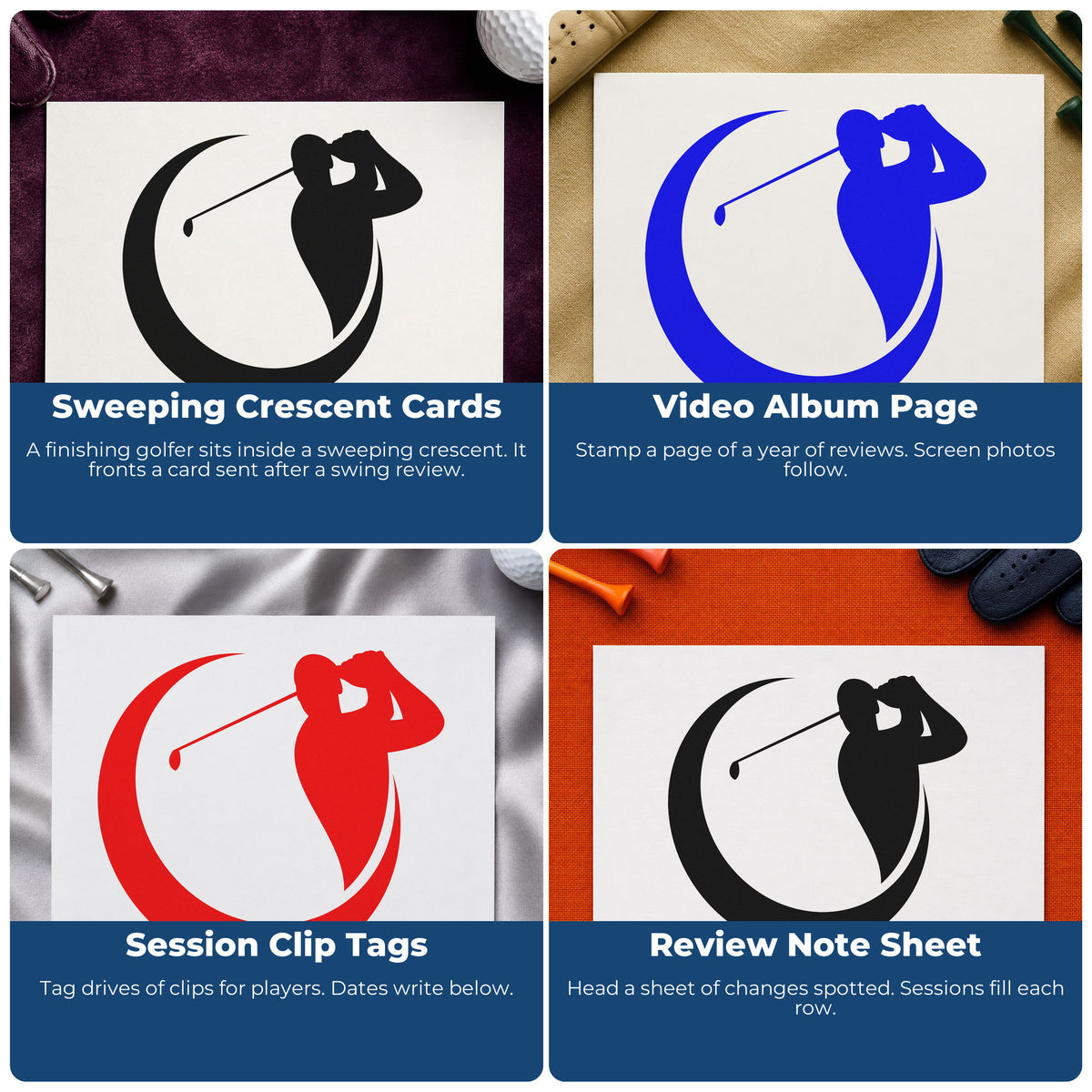 Four ways to use the Golfer Crescent Circle Silhouette Stamp - Premium Vintage Pro Wooden: sweeping crescent cards, video album page, session clip tags and review note sheet.
