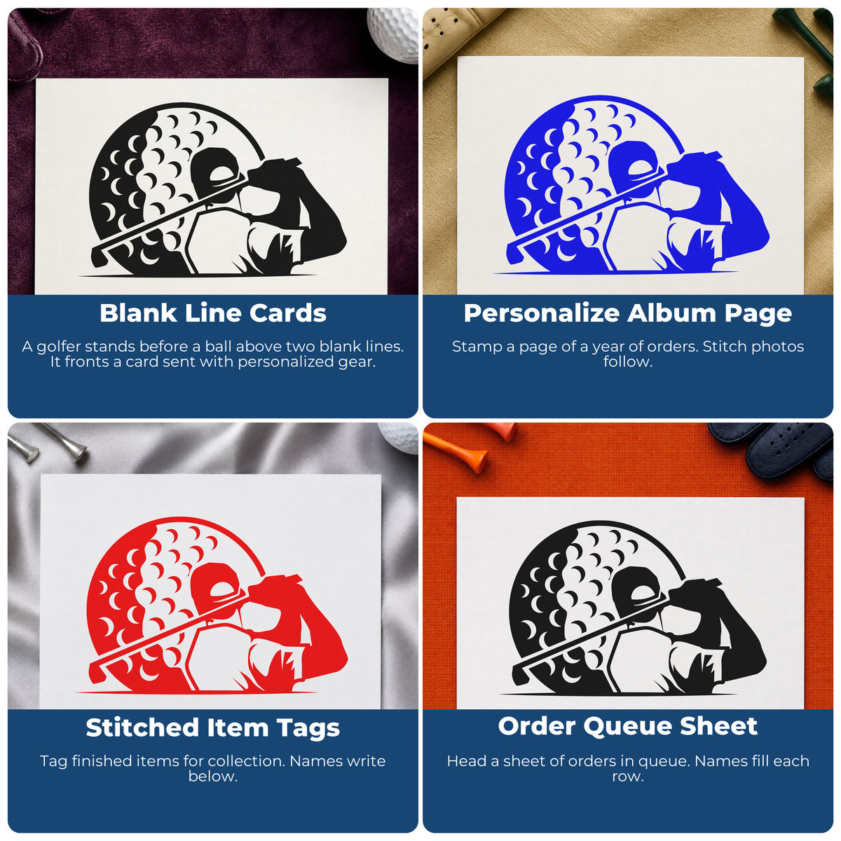 Four ways to use the Slim Pre-Inked Golf Swing Shaded Ball And Blank Lines Stamp: blank line cards, personalize album page, stitched item tags and order queue sheet.