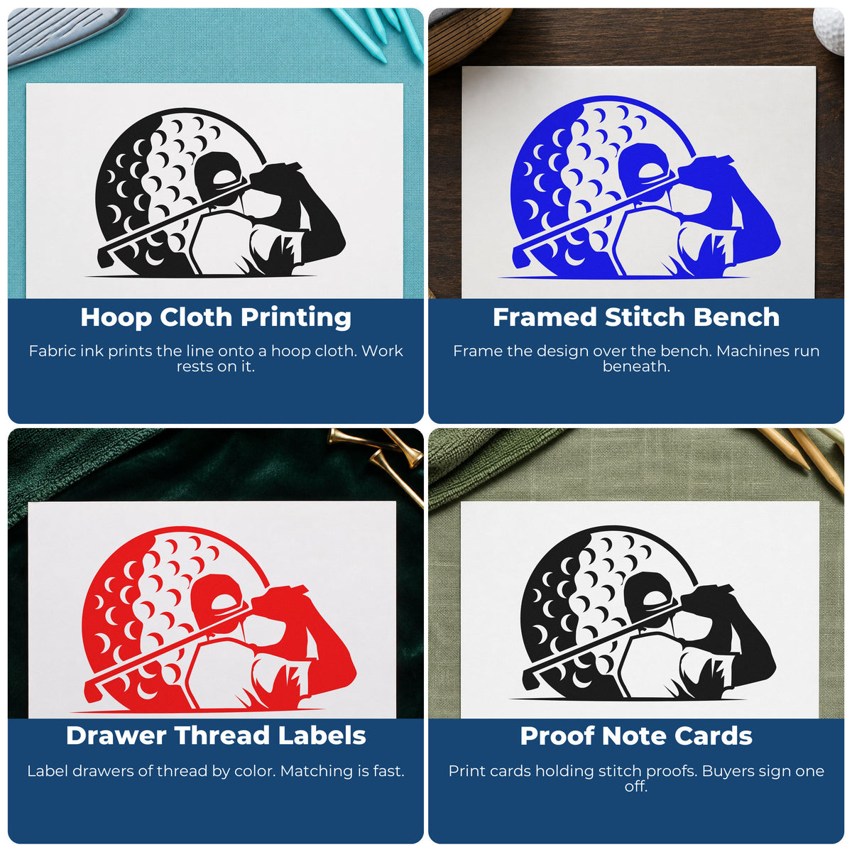 Four ways to use the Golf Swing Shaded Ball And Blank Lines Self-Inking Craft Stamp: hoop cloth printing, framed stitch bench, drawer thread labels and proof note cards.