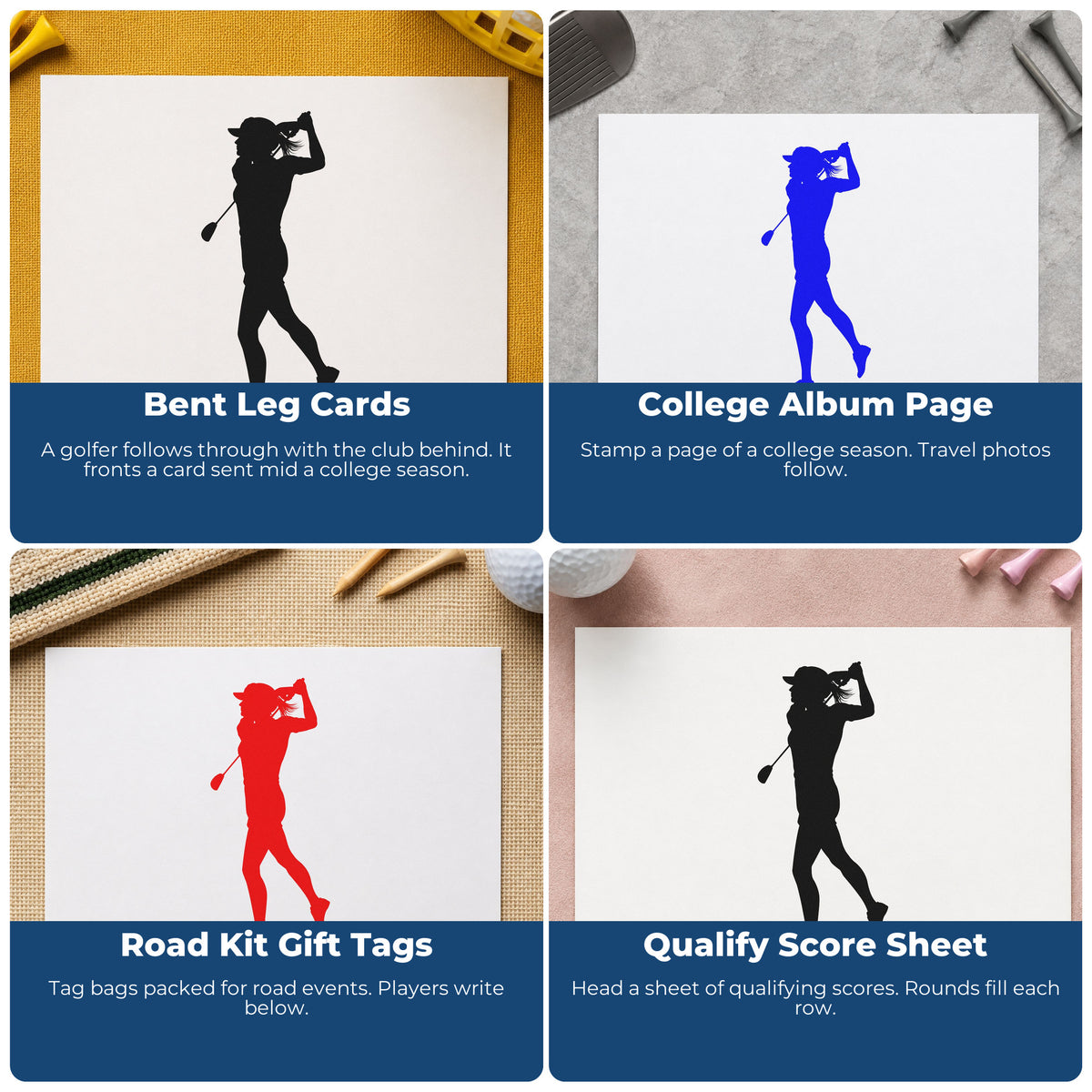 Four ways to use the Golfer Follow Through Silhouette Rubber Stamp – Wood Handle: bent leg cards, college album page, road kit gift tags and qualify score sheet.