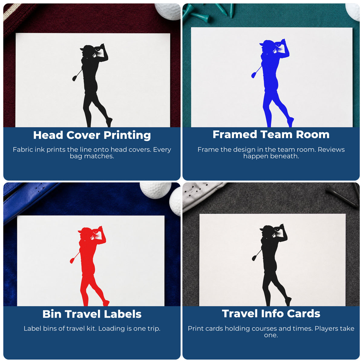 Four ways to use the Golfer Follow Through Silhouette Stamp – Slim Pre-Inked: head cover printing, framed team room, bin travel labels and travel info cards.