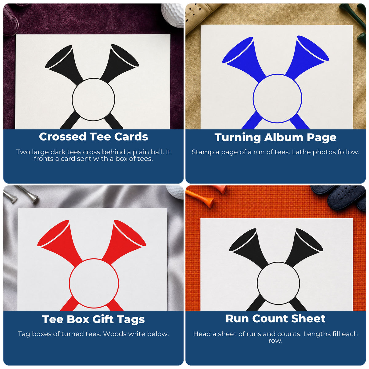Four ways to use the Golf Ball With Two Crossed Tees Rubber Stamp – Duo Hand: crossed tee cards, turning album page, tee box gift tags and run count sheet.