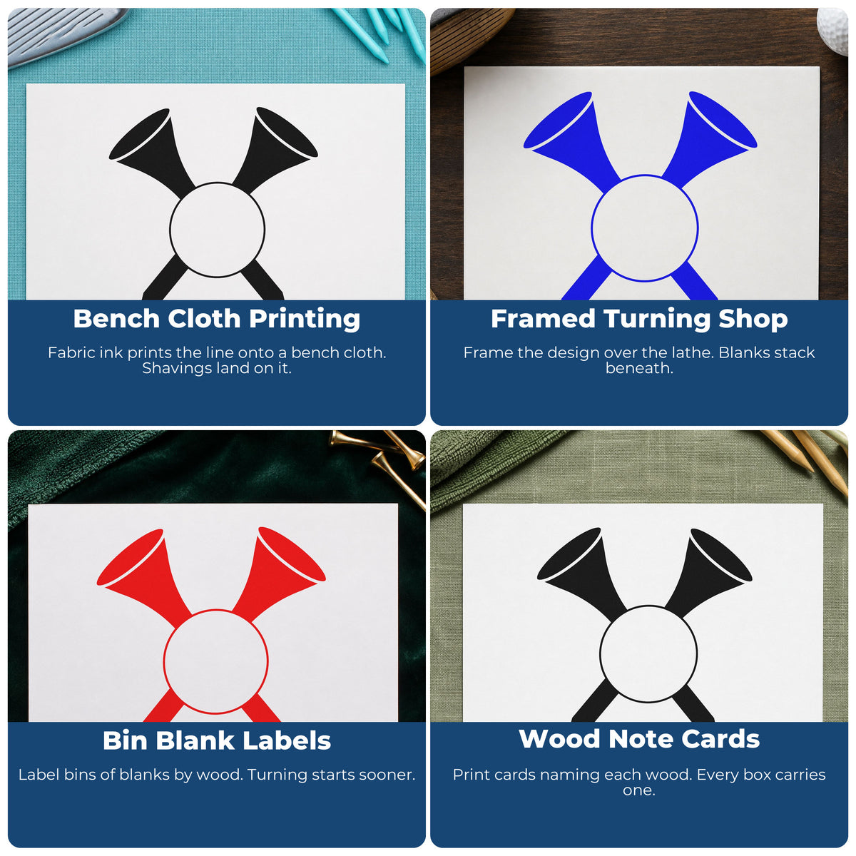 Four ways to use the Golf Ball With Two Crossed Tees Wood Handle Stamp: bench cloth printing, framed turning shop, bin blank labels and wood note cards.
