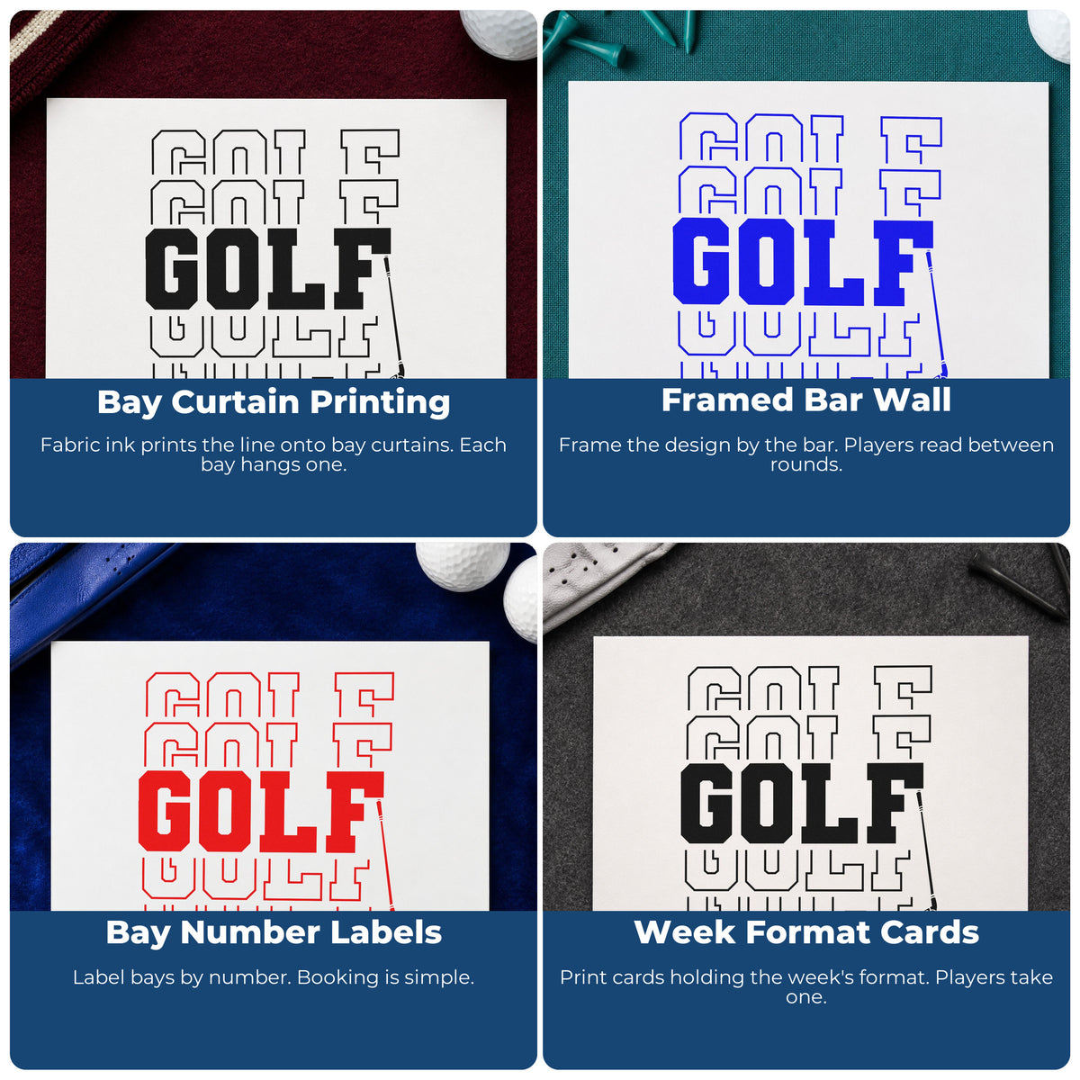 Four ways to use the Repeated Golf Block Word Art Hand Stamp – Duo: bay curtain printing, framed bar wall, bay number labels and week format cards.