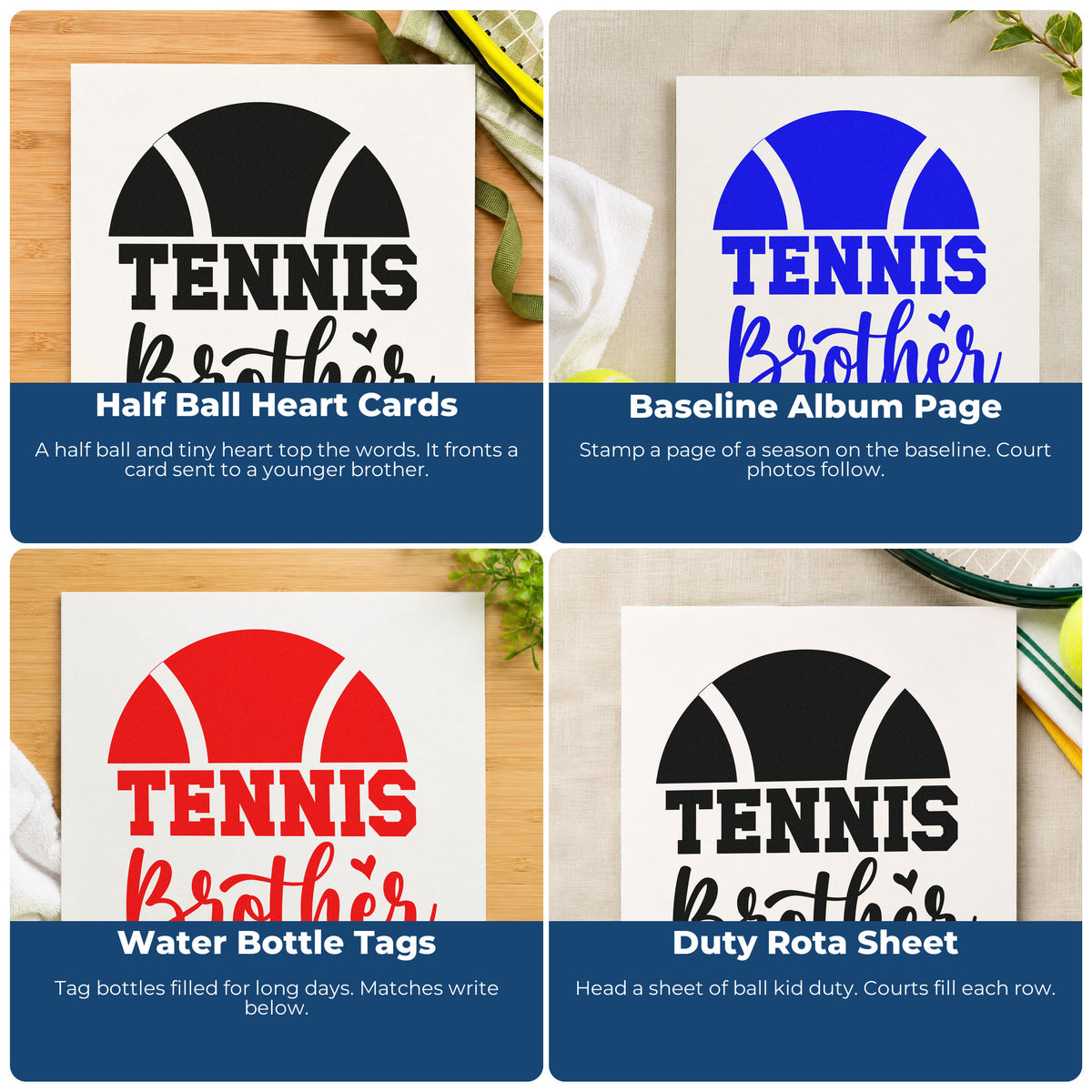 Four ways to use the Tennis Brother Half Ball With Hearts Premium Wooden Stamp - Vintage Pro: half ball heart cards, baseline album page, water bottle tags and duty rota sheet.