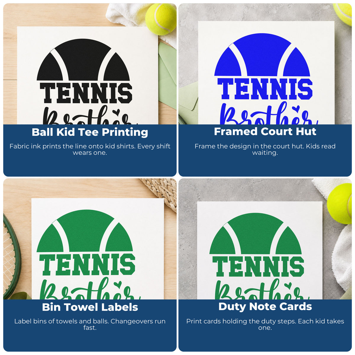 Four ways to use the Tennis Brother Half Ball With Hearts Premium Wooden Stamp - Vintage Pro: ball kid tee printing, framed court hut, bin towel labels and duty note cards.