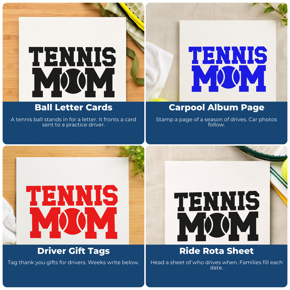 Four ways to use the Tennis Mom Ball Typography Pre-Inked Stamp – PSI: ball letter cards, carpool album page, driver gift tags and ride rota sheet.
