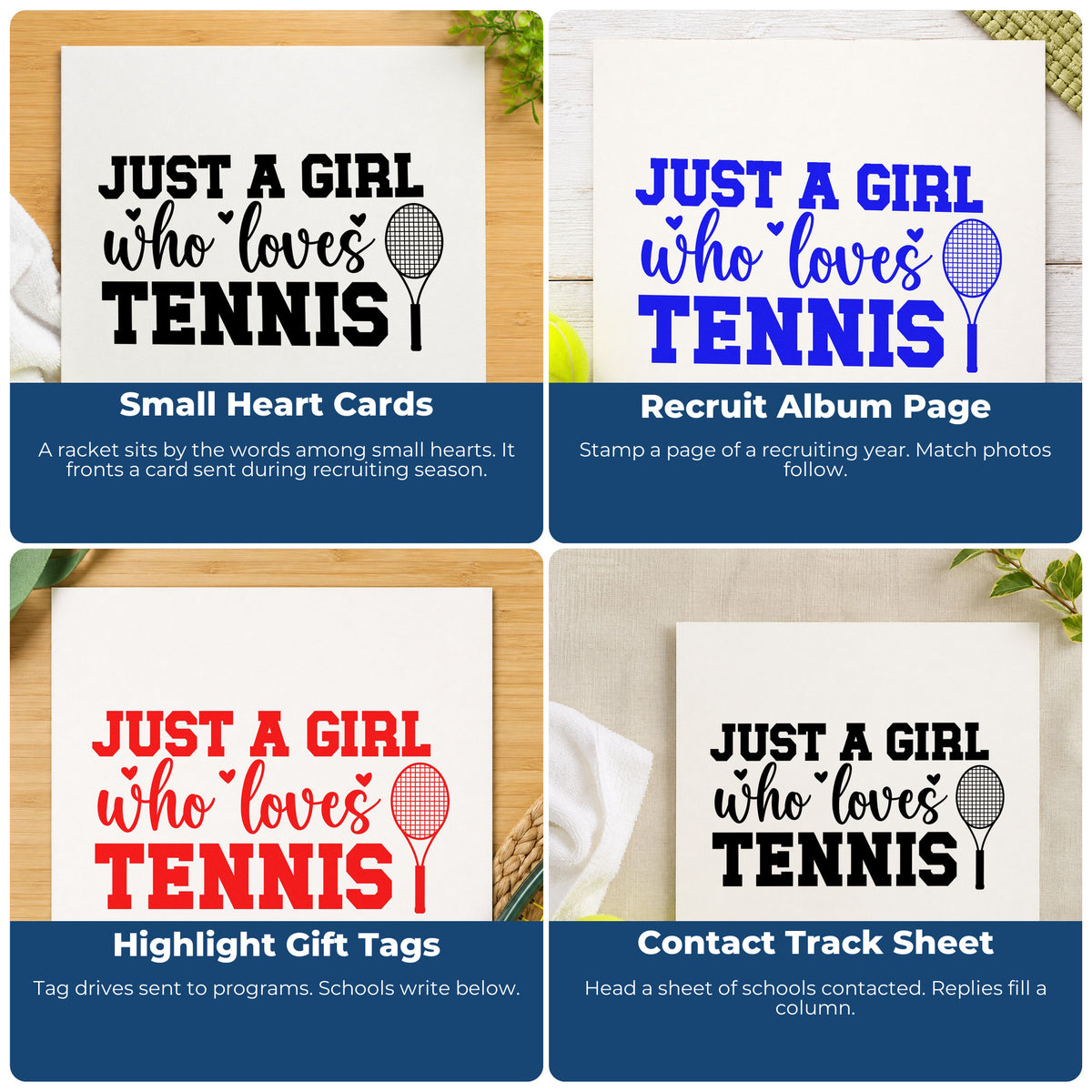 Four ways to use the Duo Hand Girl Who Loves Tennis Rubber Stamp: small heart cards, recruit album page, highlight gift tags and contact track sheet.