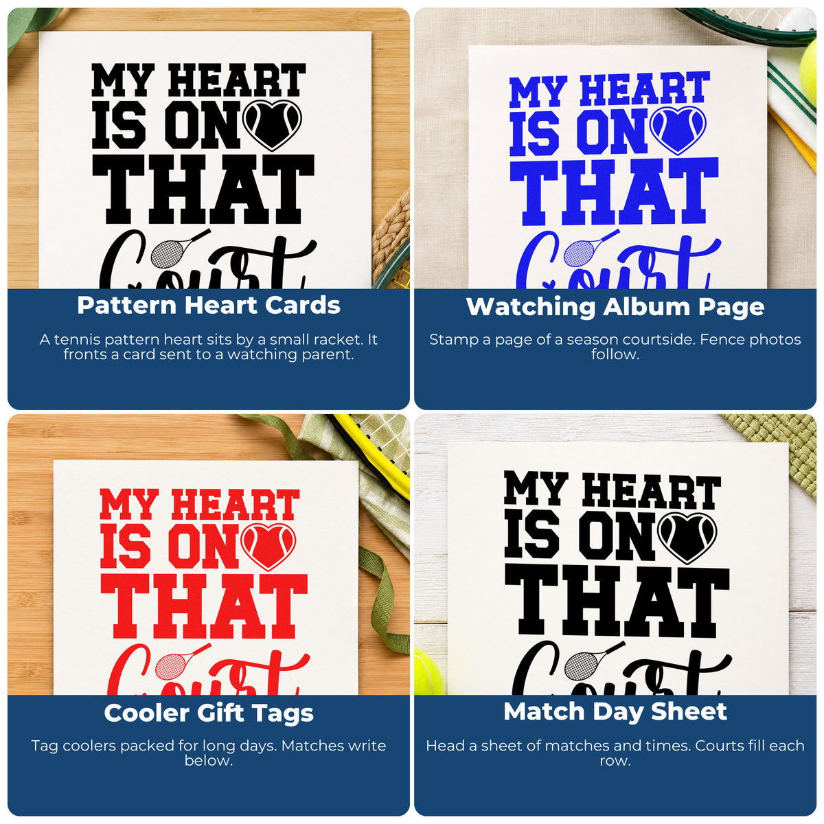 Four ways to use the My Heart Is On The Tennis Court Rubber Stamp – Duo Hand: pattern heart cards, watching album page, cooler gift tags and match day sheet.