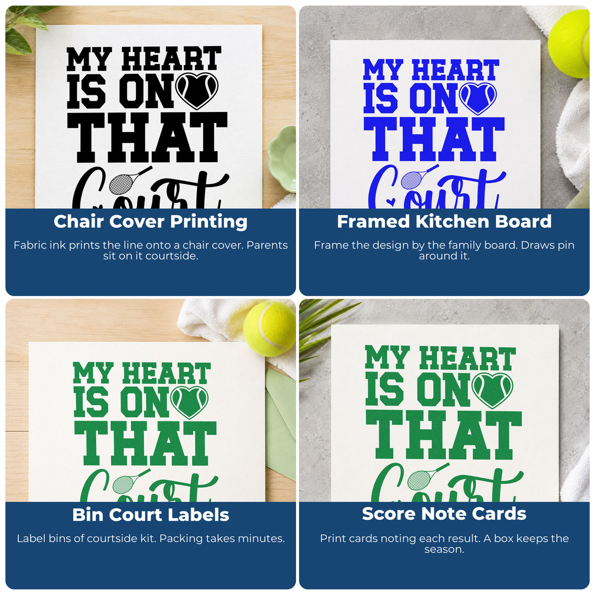 Four ways to use the My Heart Is On The Tennis Court Rubber Stamp – Duo Hand: chair cover printing, framed kitchen board, bin court labels and score note cards.