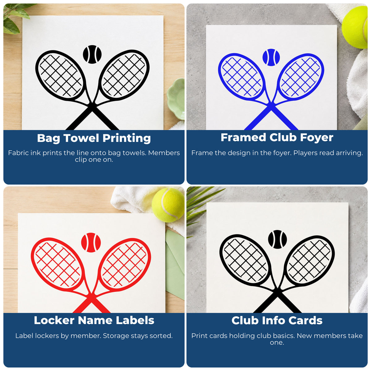 Four ways to use the Crossed Tennis Rackets Ball Stamp - Premium Vintage Pro Wooden: bag towel printing, framed club foyer, locker name labels and club info cards.