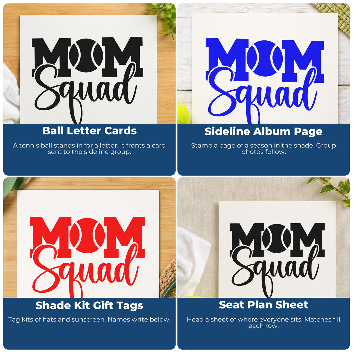 Rubber stamp design collage showing sports-themed stamp ideas for scrapbooks, coach cards, birthday parties, and custom gift wrapping.
