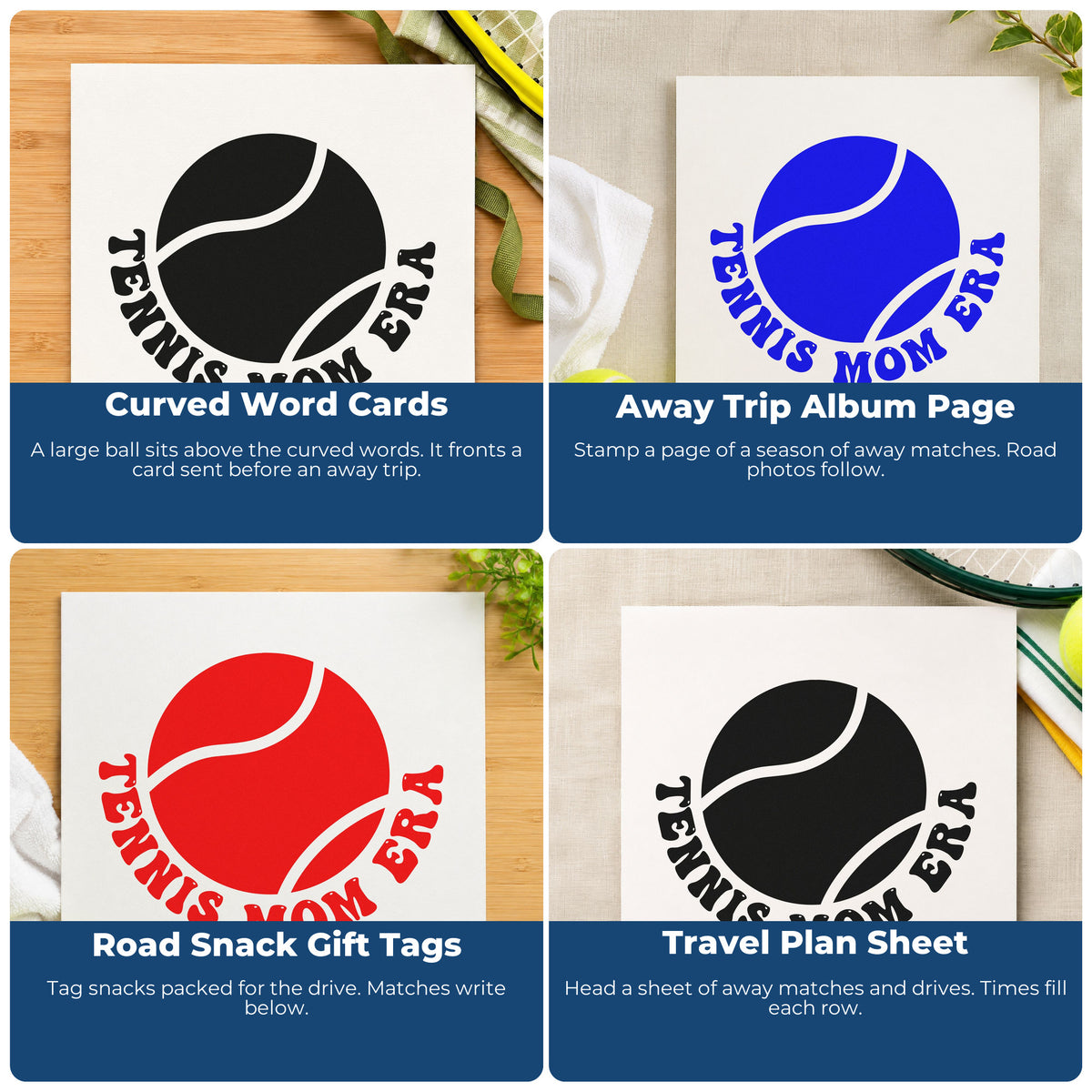 Four ways to use the Tennis Mom Era Ball Rubber Stamp – Duo Hand: curved word cards, away trip album page, road snack gift tags and travel plan sheet.