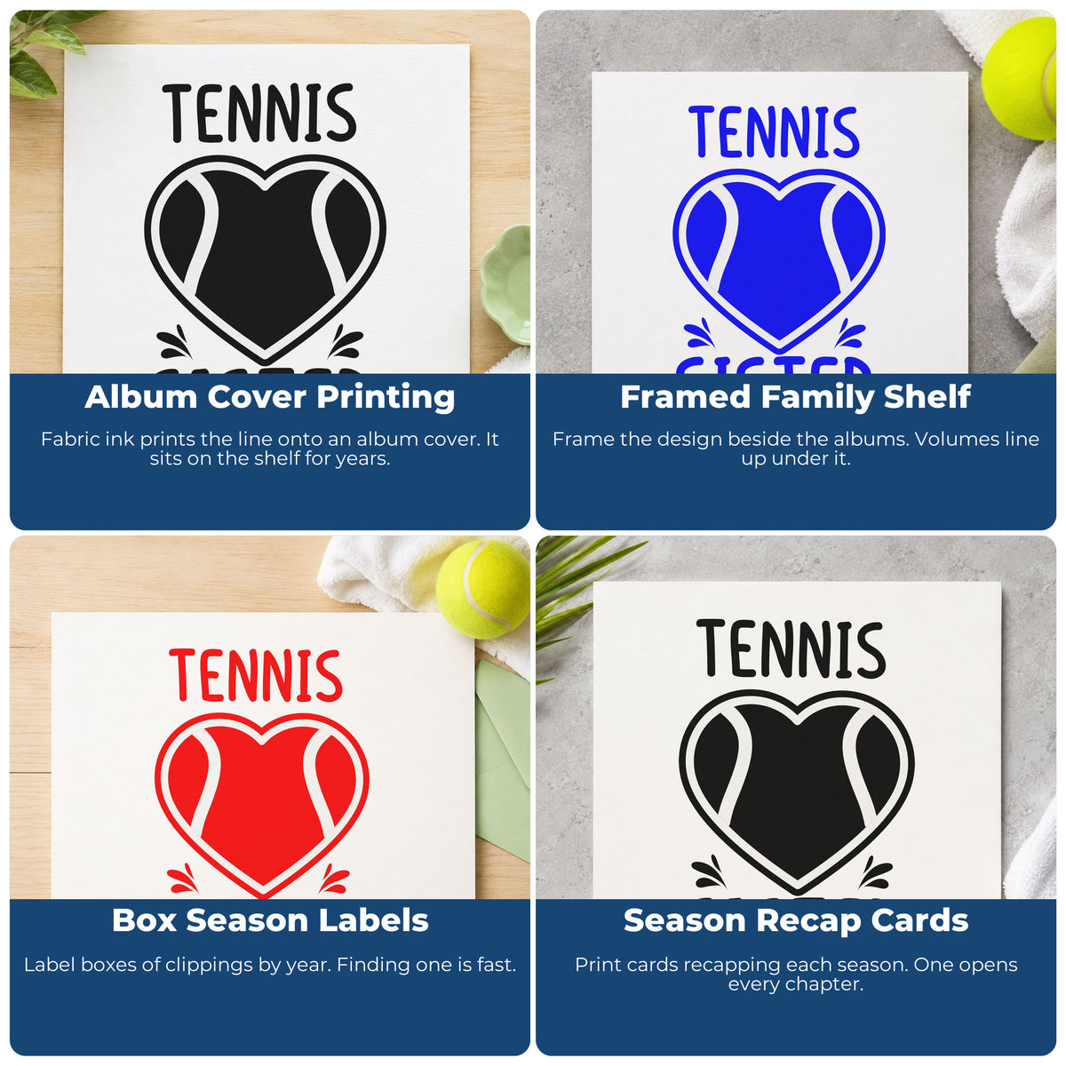 Four ways to use the Tennis Sister Heart Ball Pre-Inked Stamp – Slim: album cover printing, framed family shelf, box season labels and season recap cards.