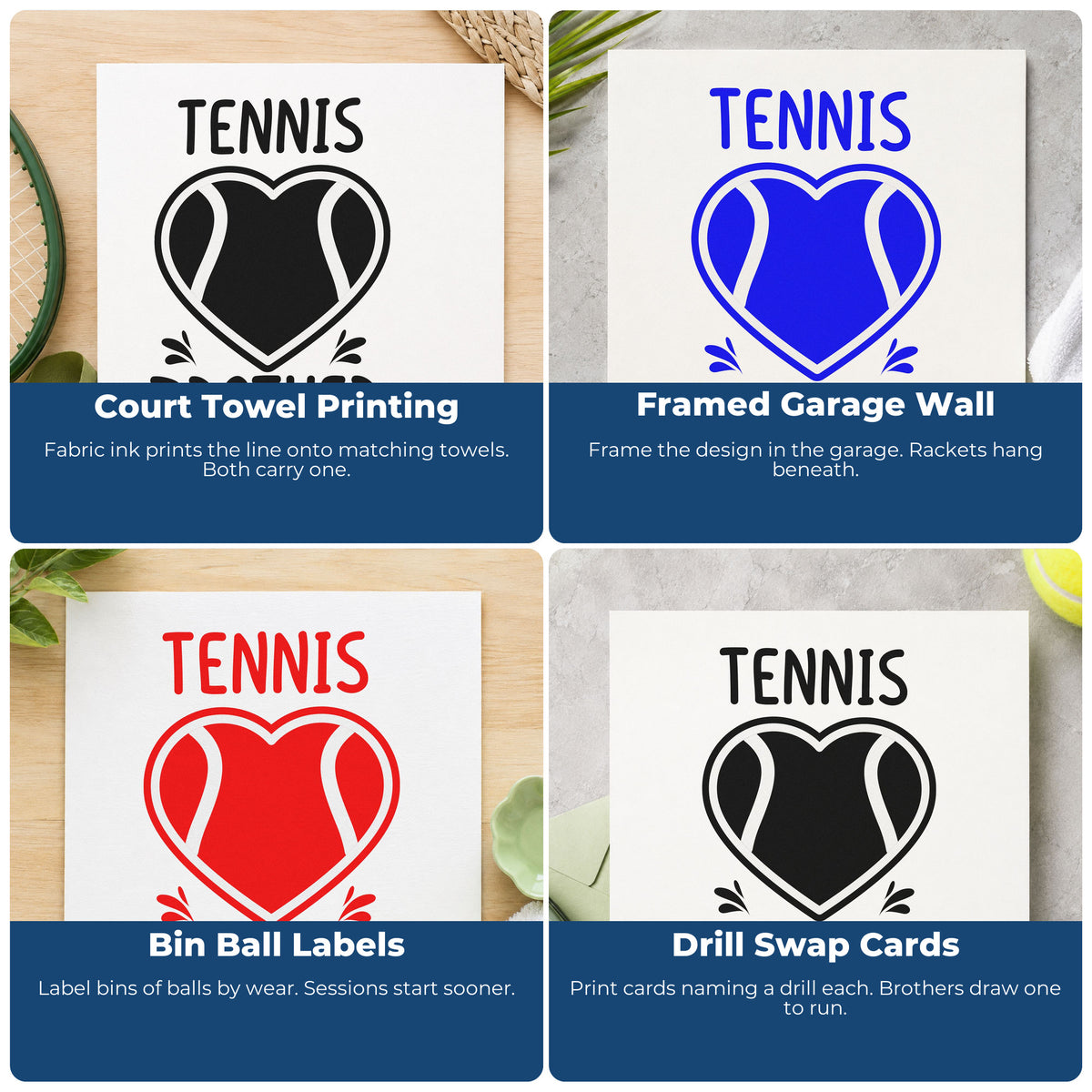Four ways to use the Brother Tennis Heart Lettering Stamp – Duo Hand: court towel printing, framed garage wall, bin ball labels and drill swap cards.