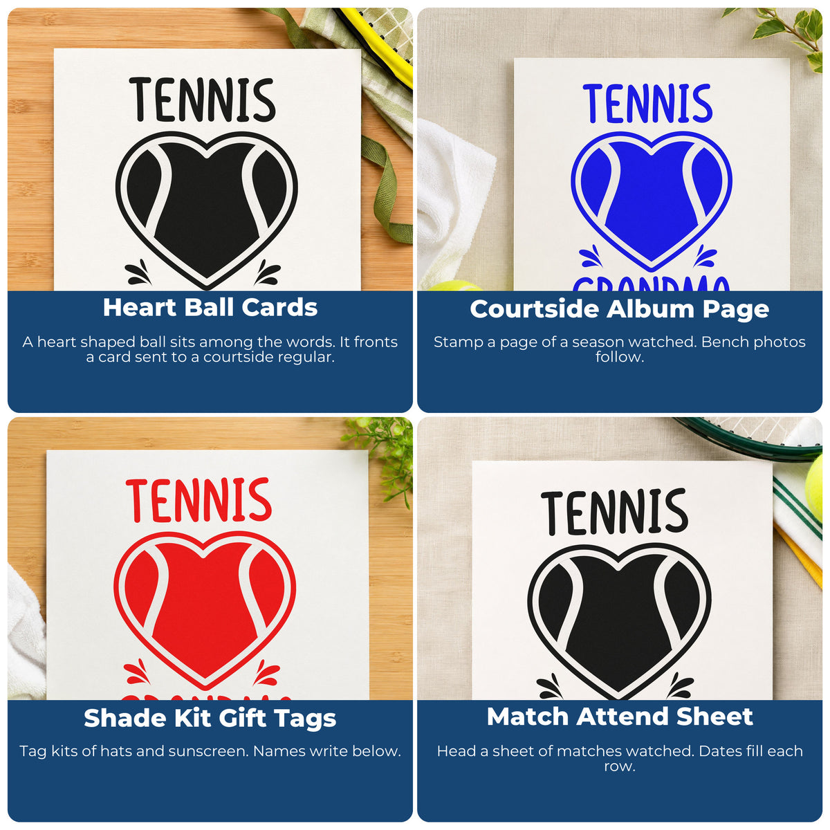 Four ways to use the Tennis Grandma Heart Ball Pre-Inked Stamp – Slim: heart ball cards, courtside album page, shade kit gift tags and match attend sheet.