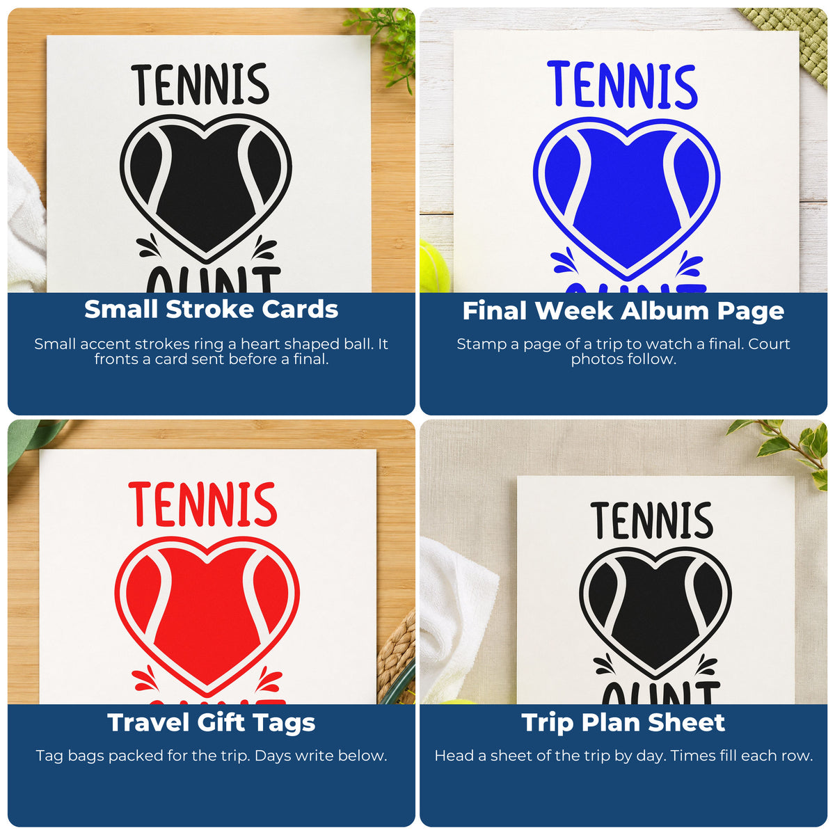 Four ways to use the Tennis Aunt Heart Ball Stamp – Slim Pre-Inked: small stroke cards, final week album page, travel gift tags and trip plan sheet.