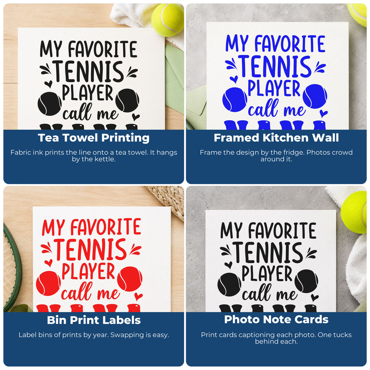 Four ways to use the Favorite Tennis Player Nana Pre-Inked Stamp – PSI: tea towel printing, framed kitchen wall, bin print labels and photo note cards.