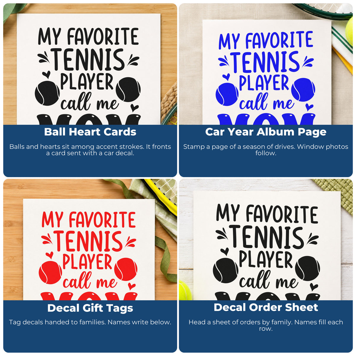 Four ways to use the Premium Wooden Favorite Tennis Player Mom With Hearts Stamp - Vintage Pro: ball heart cards, car year album page, decal gift tags and decal order sheet.