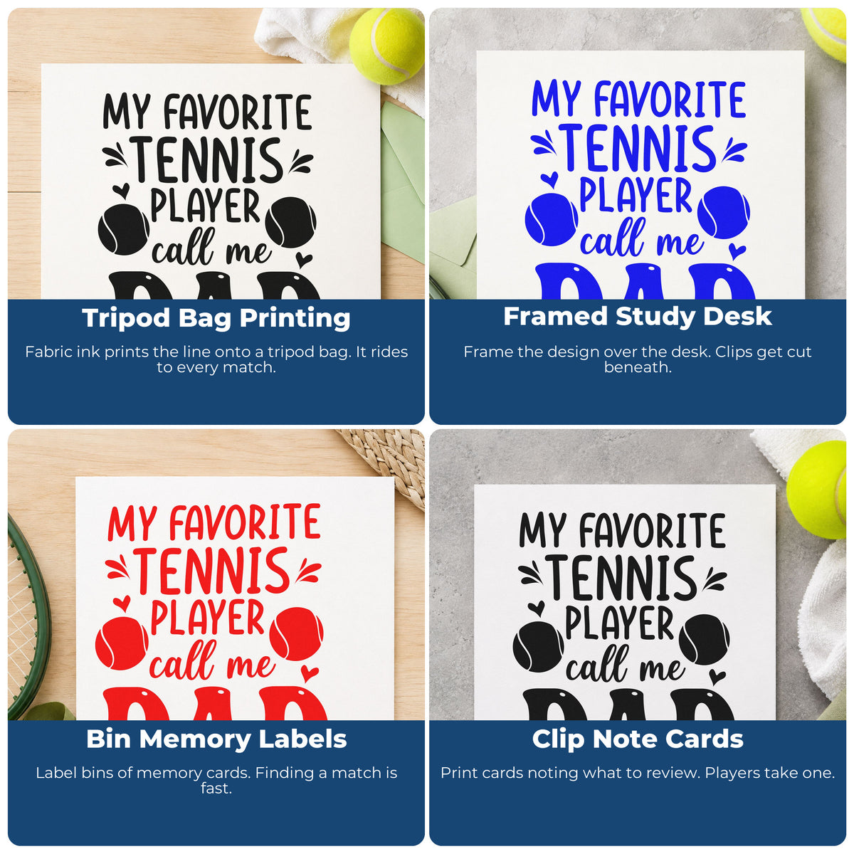 Four ways to use the Favorite Tennis Player Dad With Hearts Rubber Stamp – Wood Handle: tripod bag printing, framed study desk, bin memory labels and clip note cards.