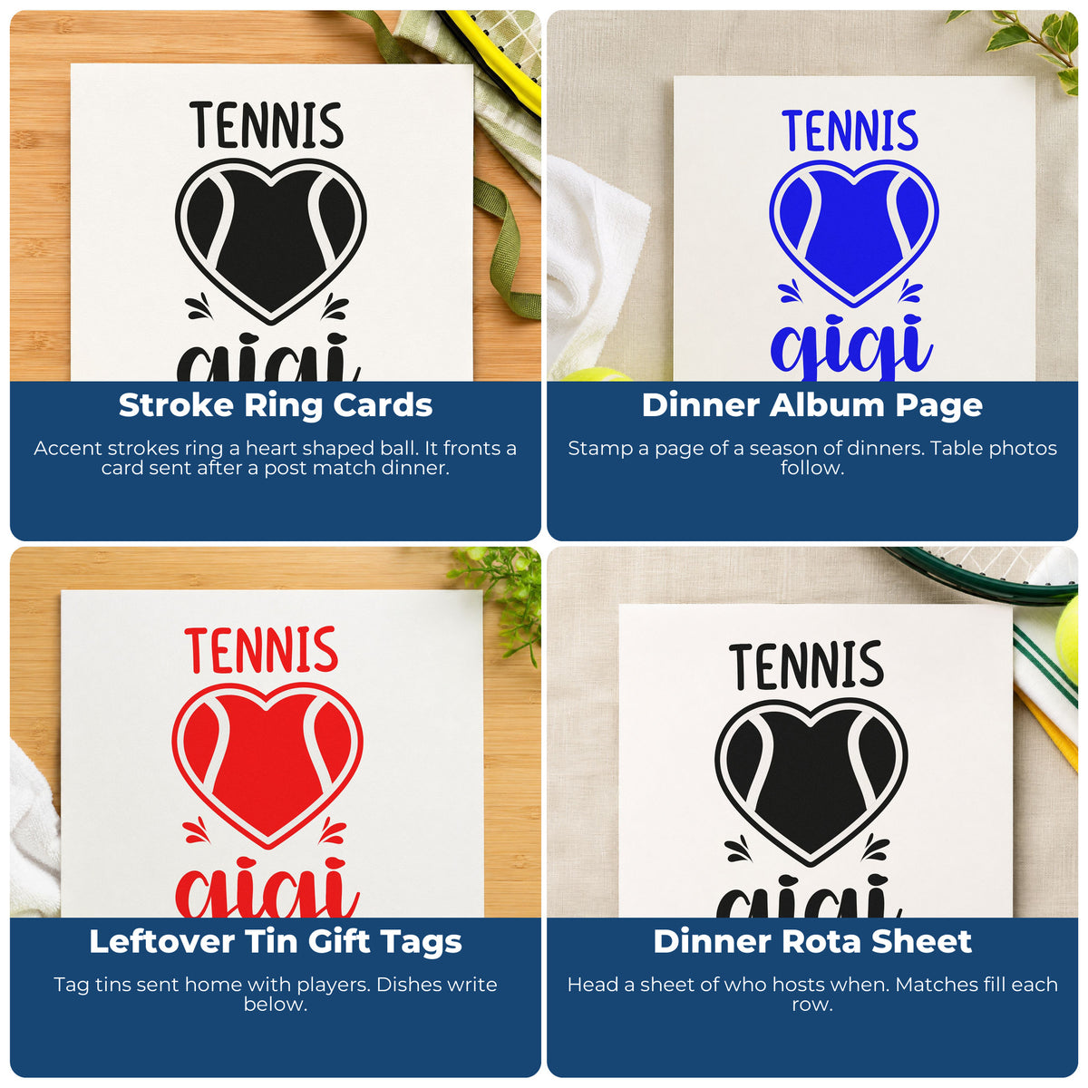 Four ways to use the Gigi Tennis Heart Lettering Pre-Inked Stamp – PSI: stroke ring cards, dinner album page, leftover tin gift tags and dinner rota sheet.