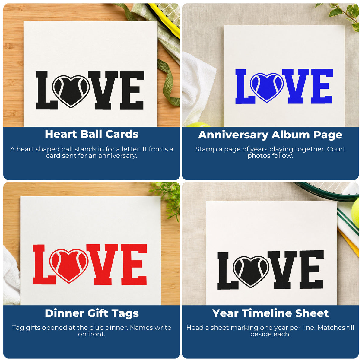 Custom sports-themed rubber stamps for scrapbook pages, thank-you cards, birthday parties, and gift wrapping, featuring tennis designs.