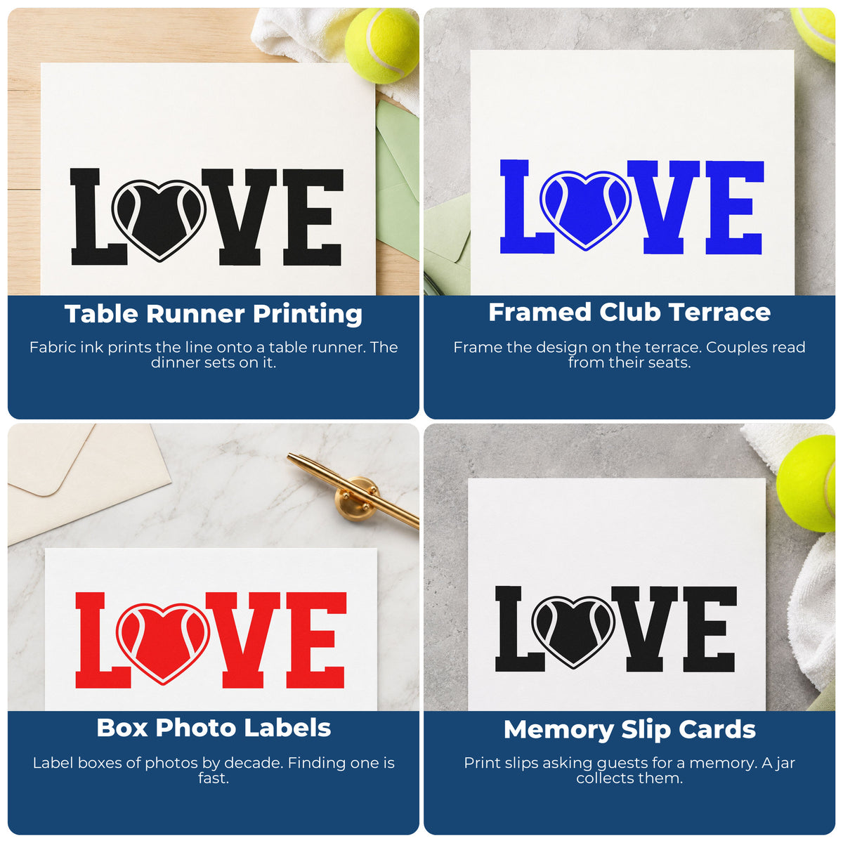 Four ways to use the Love Heart Tennis Ball Hand Stamp – Duo: table runner printing, framed club terrace, box photo labels and memory slip cards.