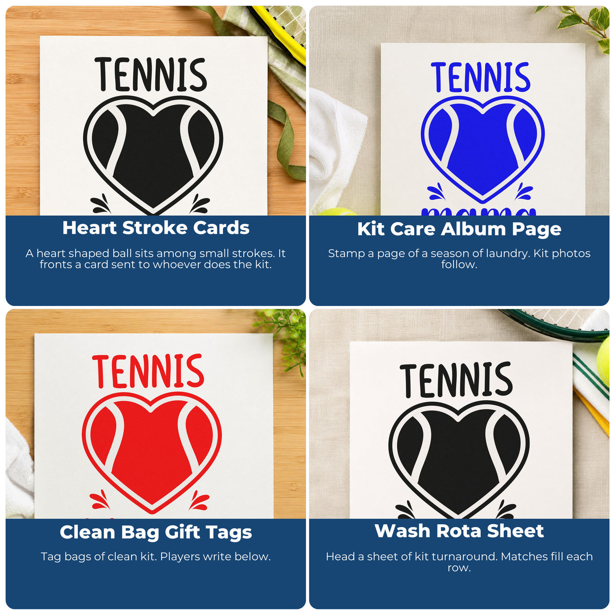 Tennis rubber stamp ideas for scrapbooks, coach thank-you cards, birthday parties, and custom gift wrapping.
