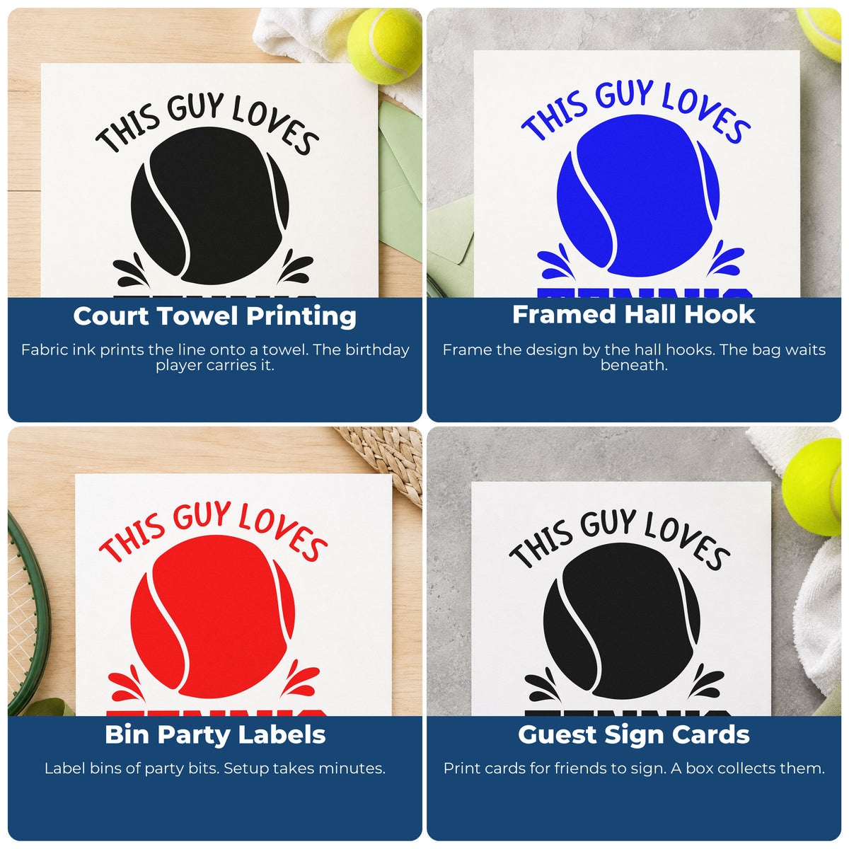 Four ways to use the Tennis Loving Guy Ball And Accents Hand Stamp – Duo: court towel printing, framed hall hook, bin party labels and guest sign cards.