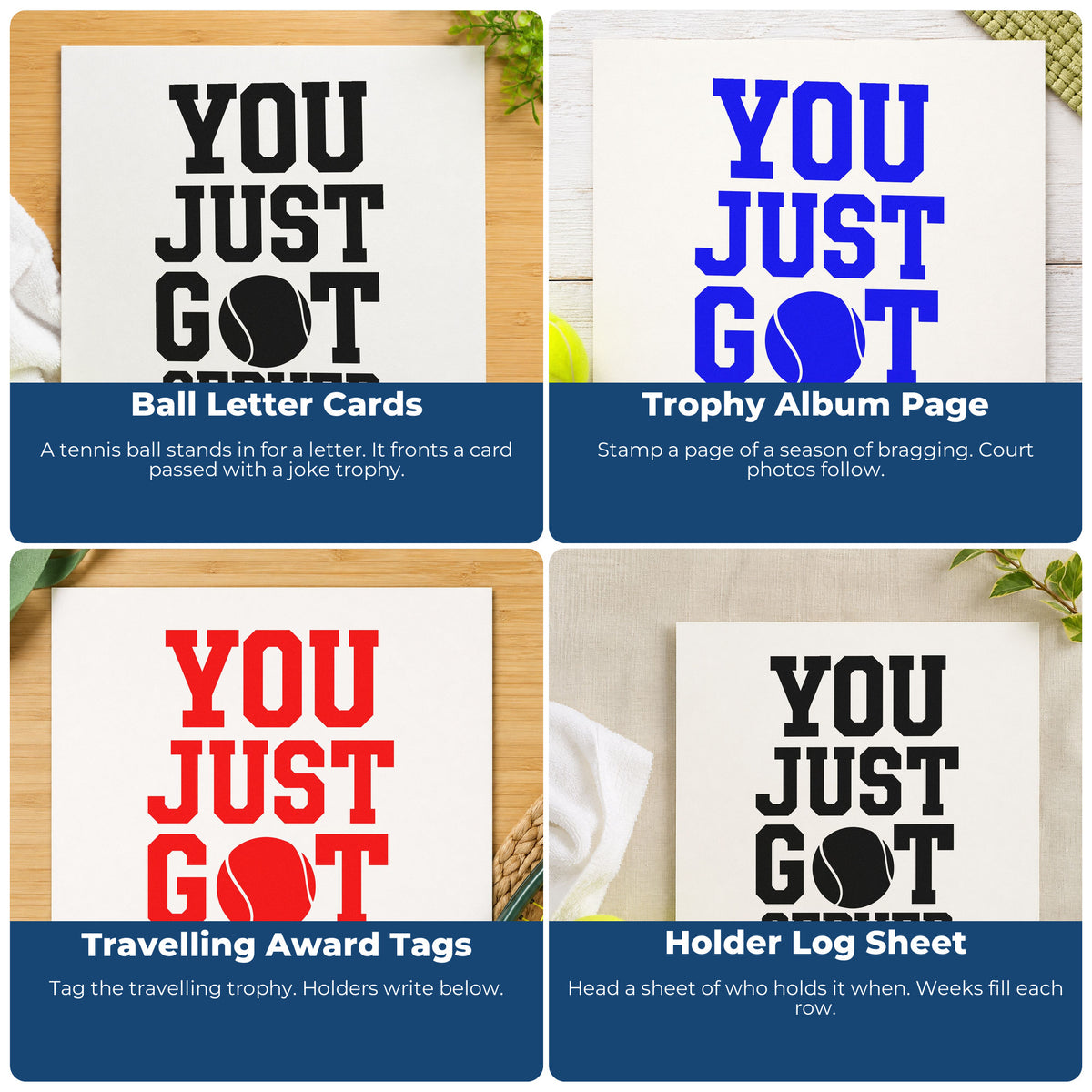 Four ways to use the You Just Got Served Tennis Ball Hand Stamp – Duo: ball letter cards, trophy album page, travelling award tags and holder log sheet.