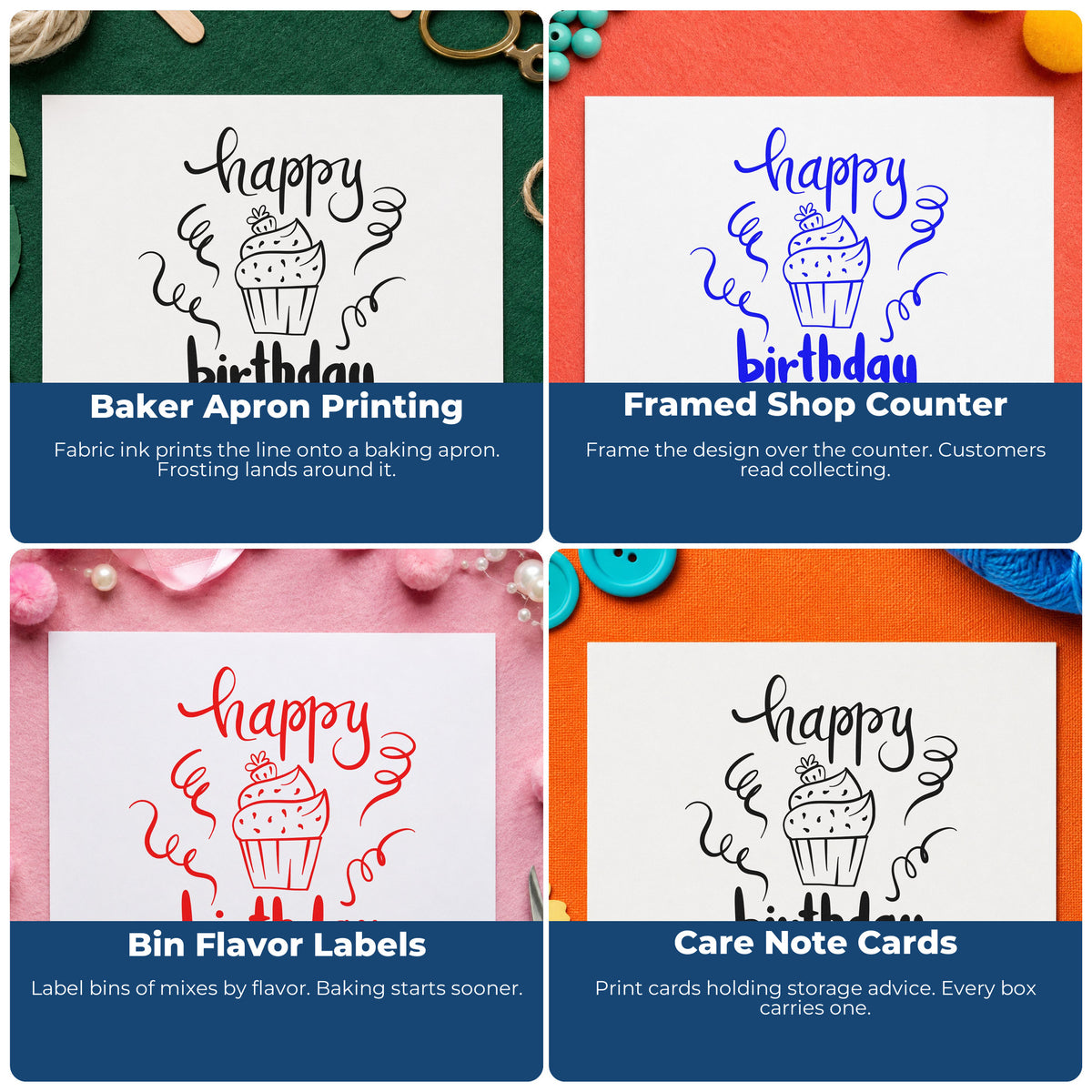 Four ways to use the Happy Birthday Cupcake And Streamers Premium Wooden Stamp - Vintage Pro: baker apron printing, framed shop counter, bin flavor labels and care note cards.