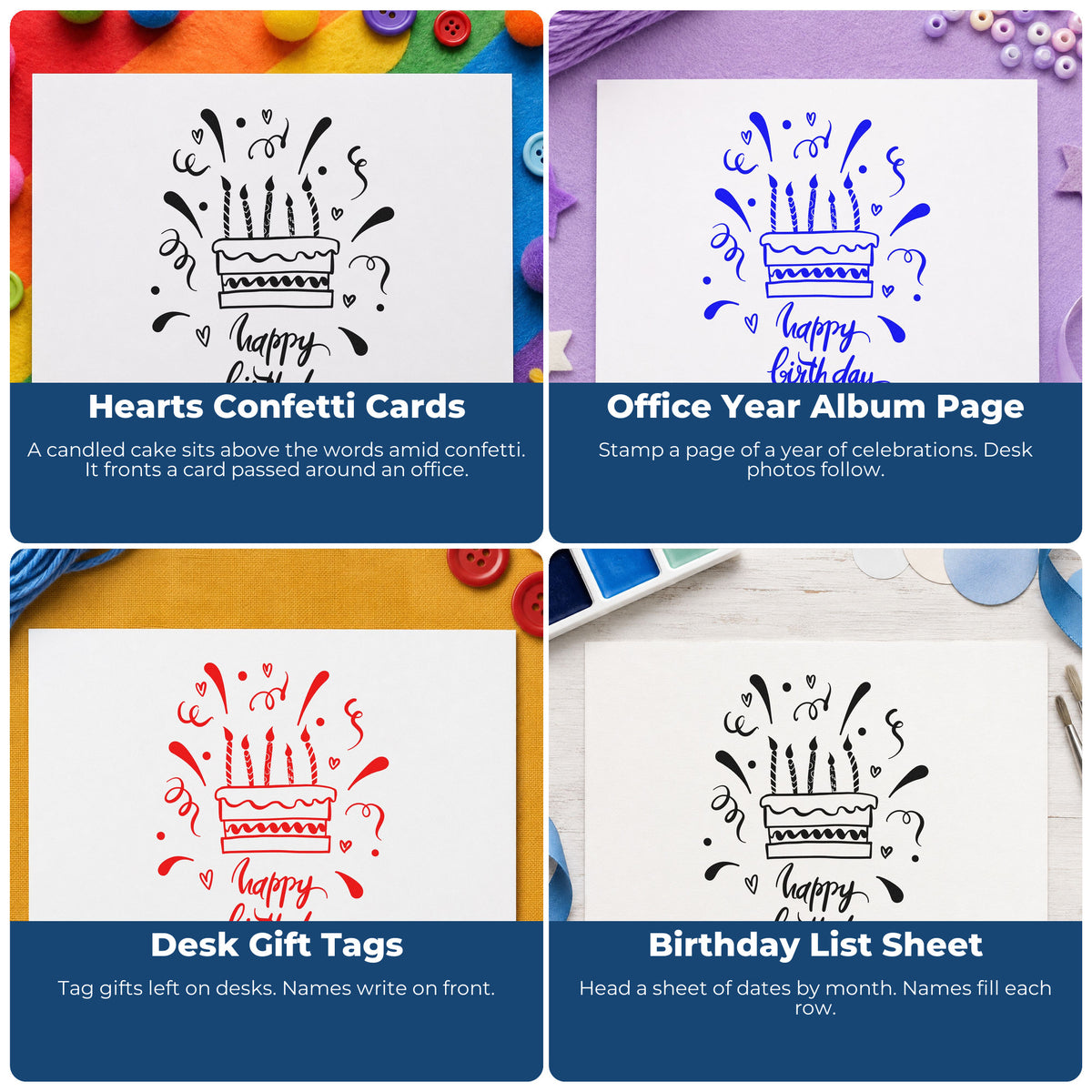 Four ways to use the Birthday Candle Cake Confetti With Hearts Duo Hand Stamp: hearts confetti cards, office year album page, desk gift tags and birthday list sheet.