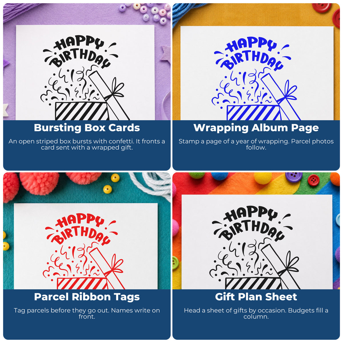 Four ways to use the Self-Inking Birthday Present Bursting With Confetti Stamp: bursting box cards, wrapping album page, parcel ribbon tags and gift plan sheet.