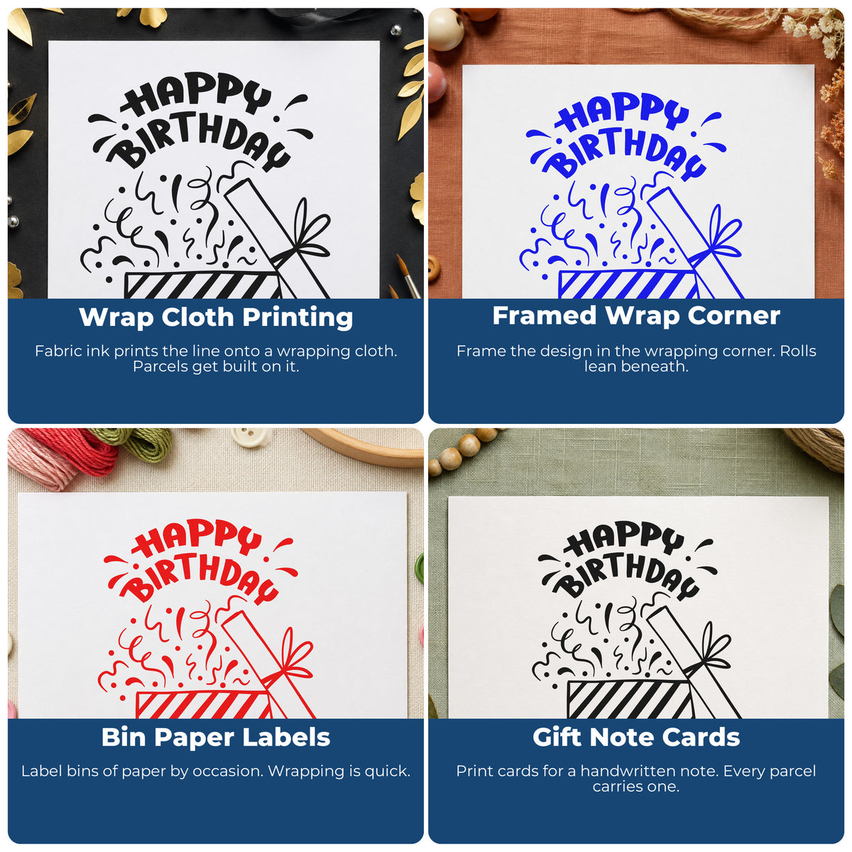Four ways to use the Self-Inking Birthday Present Bursting With Confetti Stamp: wrap cloth printing, framed wrap corner, bin paper labels and gift note cards.