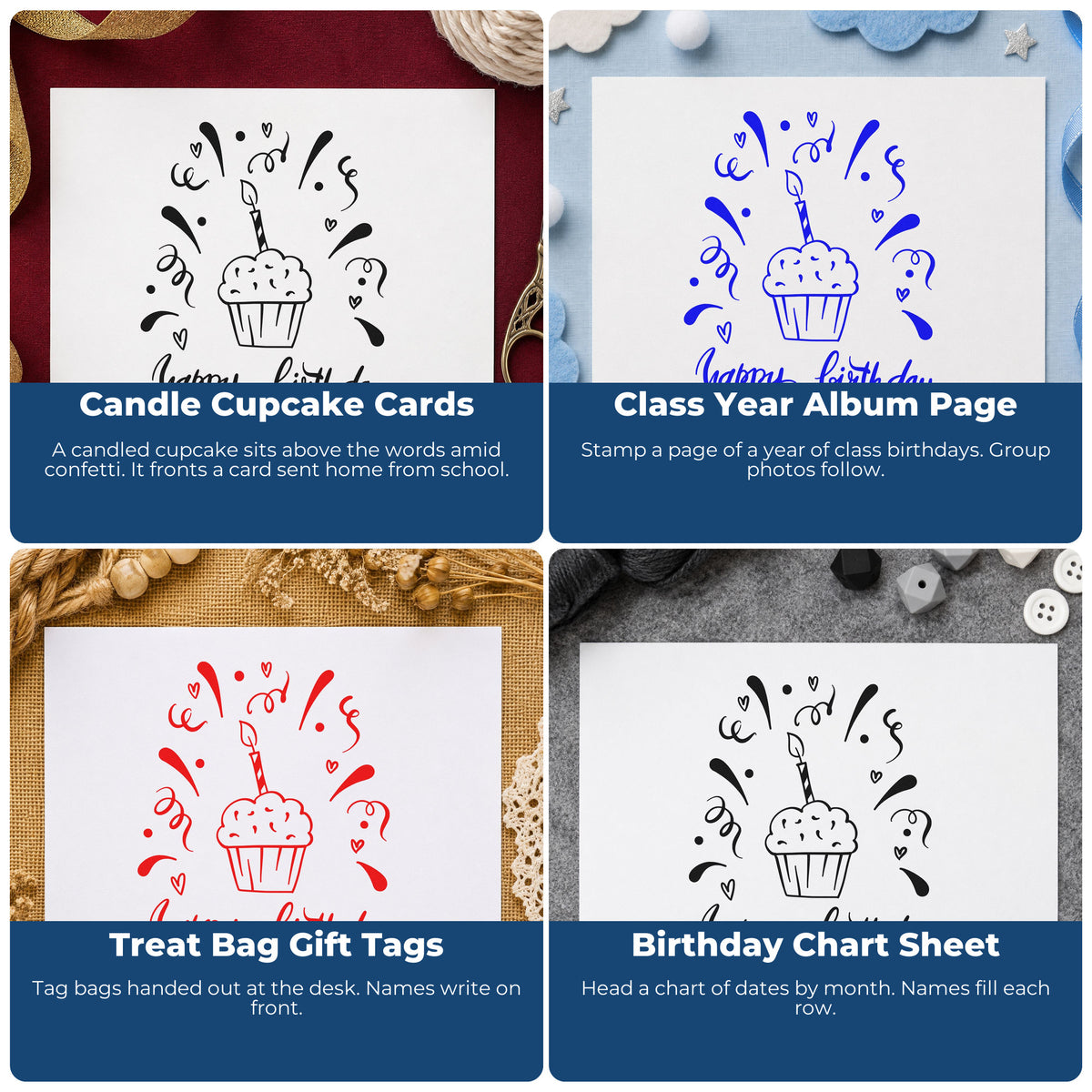 Four ways to use the Birthday Cupcake Candle Confetti Rubber Stamp – Duo Hand: candle cupcake cards, class year album page, treat bag gift tags and birthday chart sheet.