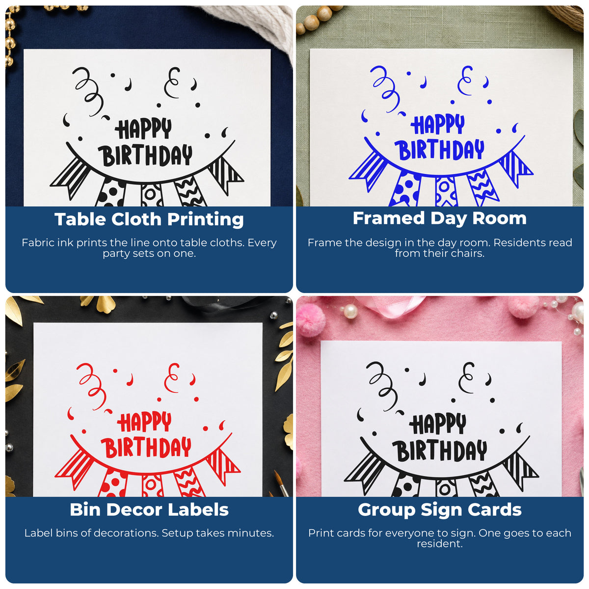Four ways to use the Birthday Patterned Pennant Bunting Confetti Pre-Inked Stamp – Slim: table cloth printing, framed day room, bin decor labels and group sign cards.