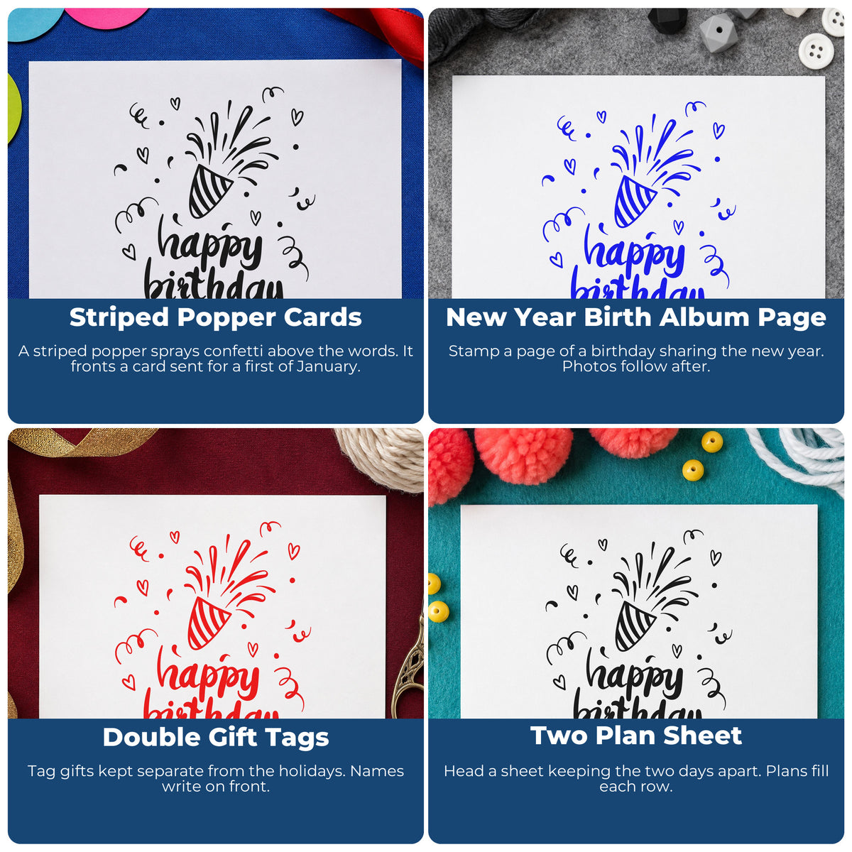 Four ways to use the Birthday Bursting Party Popper Confetti Pre-Inked Stamp – Slim: striped popper cards, new year birth album page, double gift tags and two plan sheet.