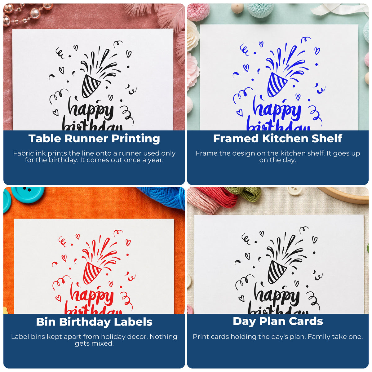 Four ways to use the Birthday Bursting Party Popper Confetti Hand Stamp – Duo: table runner printing, framed kitchen shelf, bin birthday labels and day plan cards.