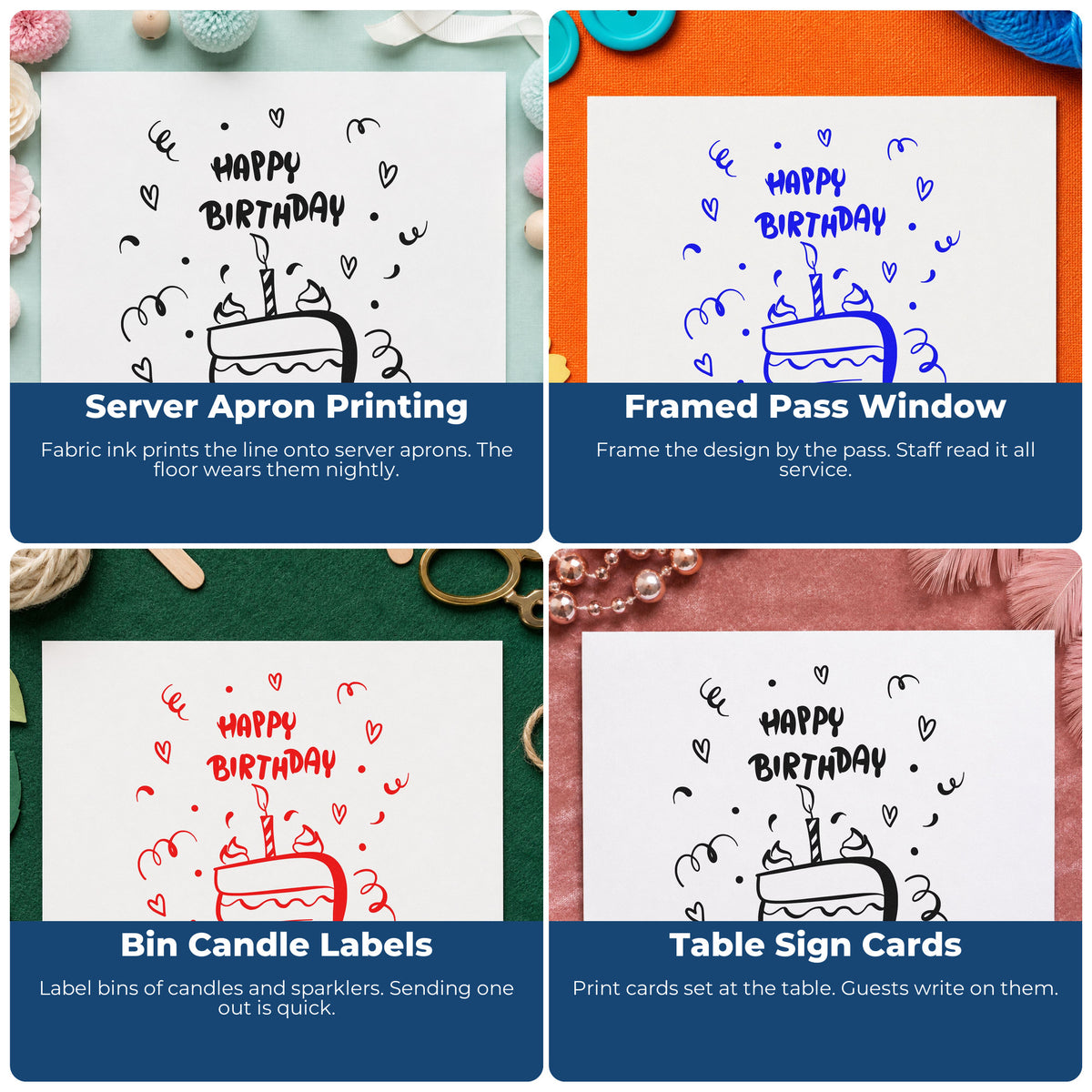 Four ways to use the Birthday Candle Cake Slice Slim Pre-Inked Stamp: server apron printing, framed pass window, bin candle labels and table sign cards.