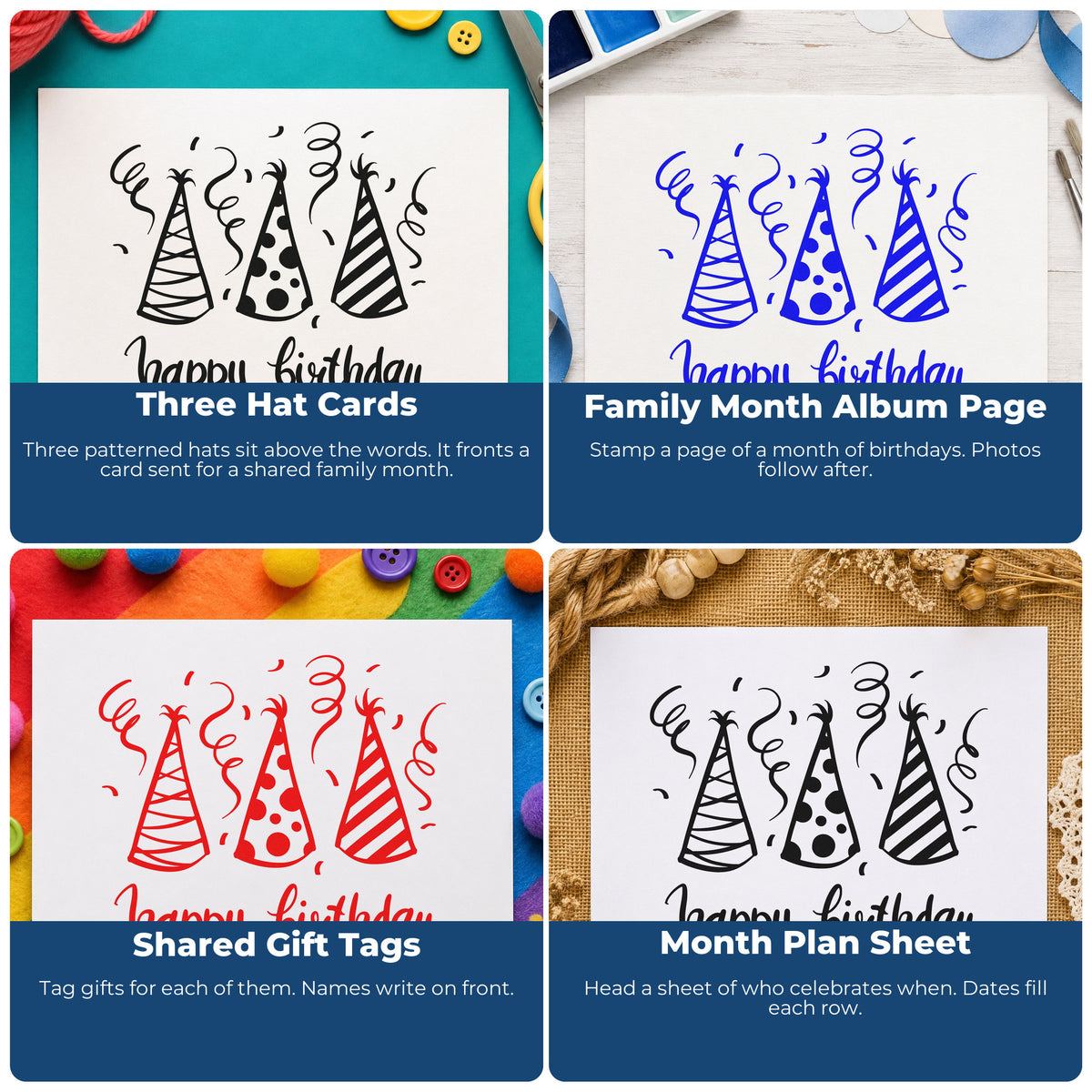 Four ways to use the Birthday Three Party Hats Hand Stamp – Duo: three hat cards, family month album page, shared gift tags and month plan sheet.