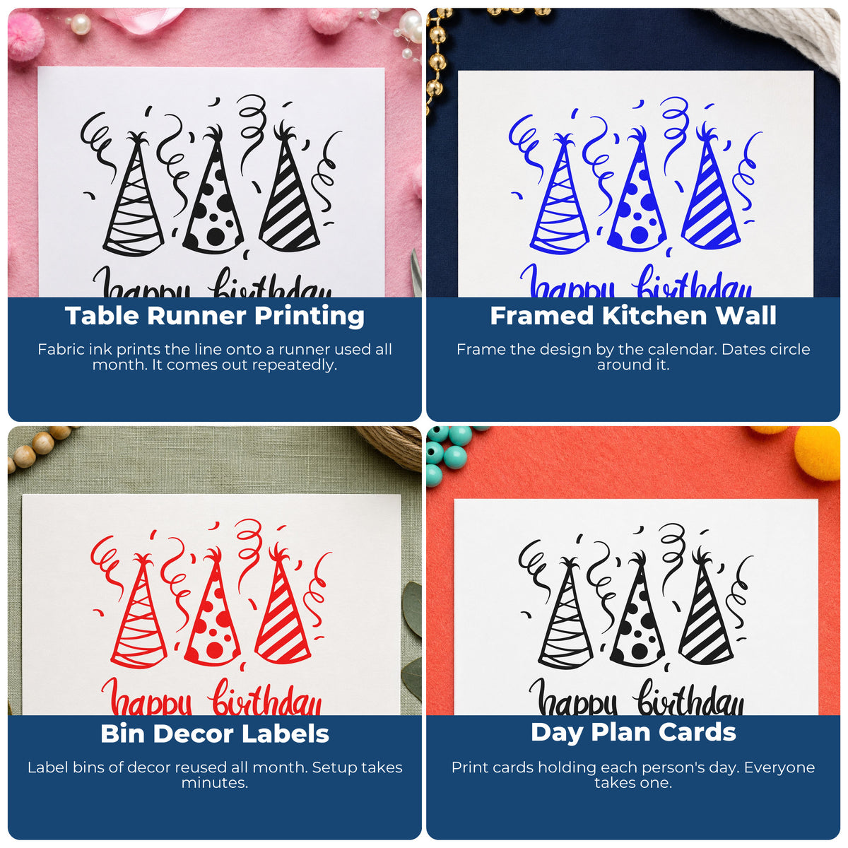 Four ways to use the Birthday Three Party Hats Hand Stamp – Duo: table runner printing, framed kitchen wall, bin decor labels and day plan cards.