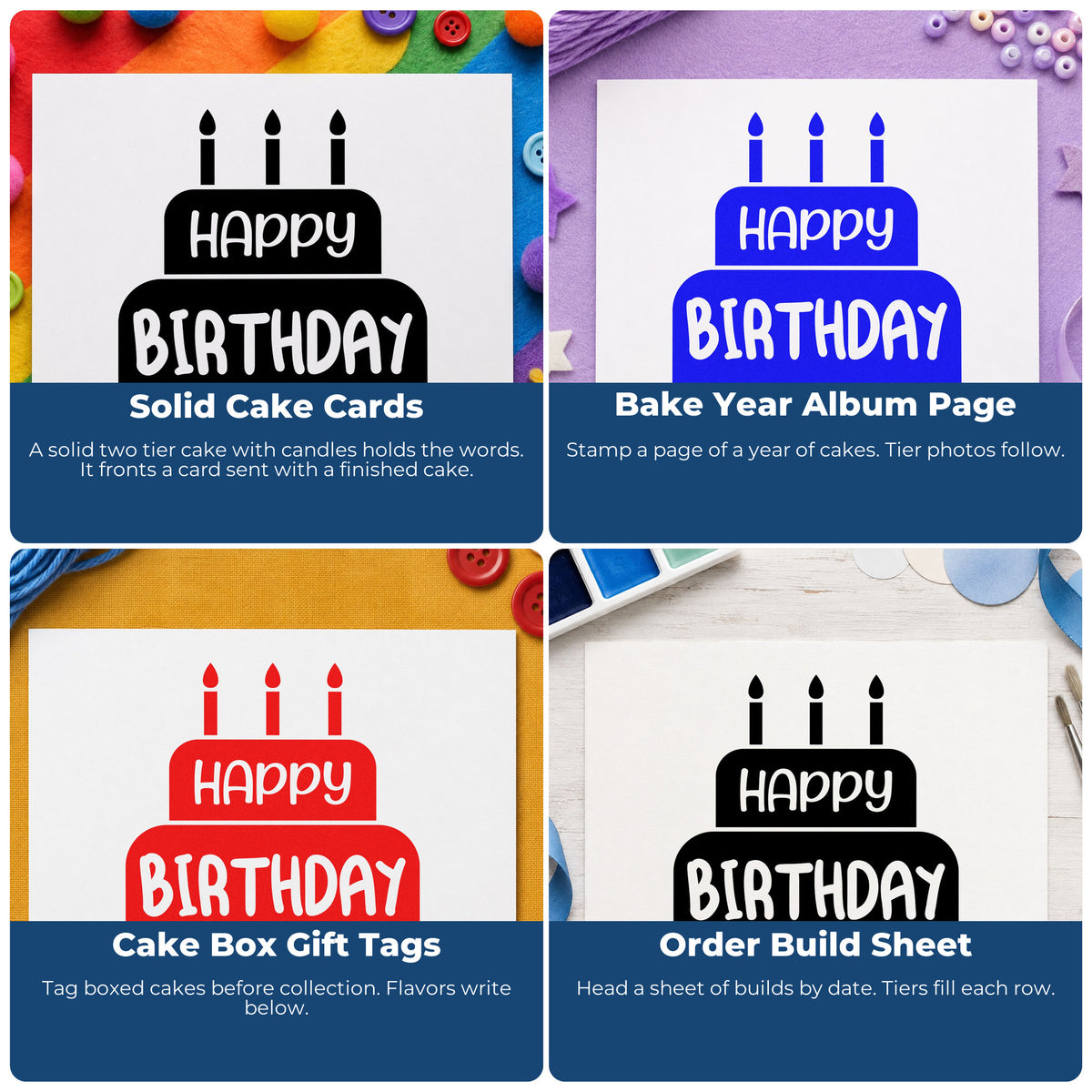 Four ways to use the Happy Birthday Candle Cake Lettering Self-Inking Stamp: solid cake cards, bake year album page, cake box gift tags and order build sheet.