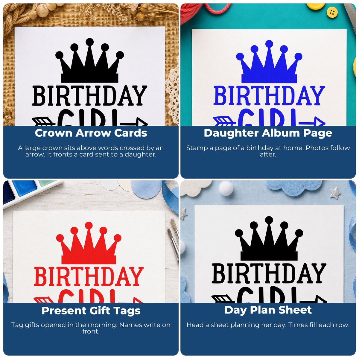 Four ways to use the Crowned Birthday Girl Arrow Lettering Rubber Stamp – Duo Hand: crown arrow cards, daughter album page, present gift tags and day plan sheet.