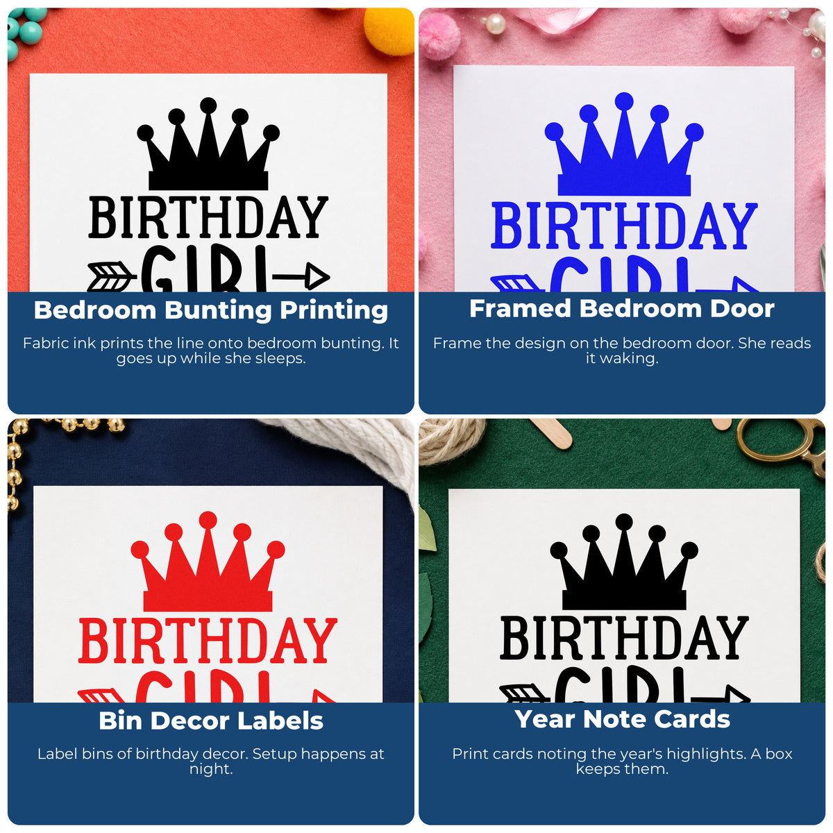 Four ways to use the Wood Handle Crowned Birthday Girl Arrow Lettering Rubber Stamp: bedroom bunting printing, framed bedroom door, bin decor labels and year note cards.