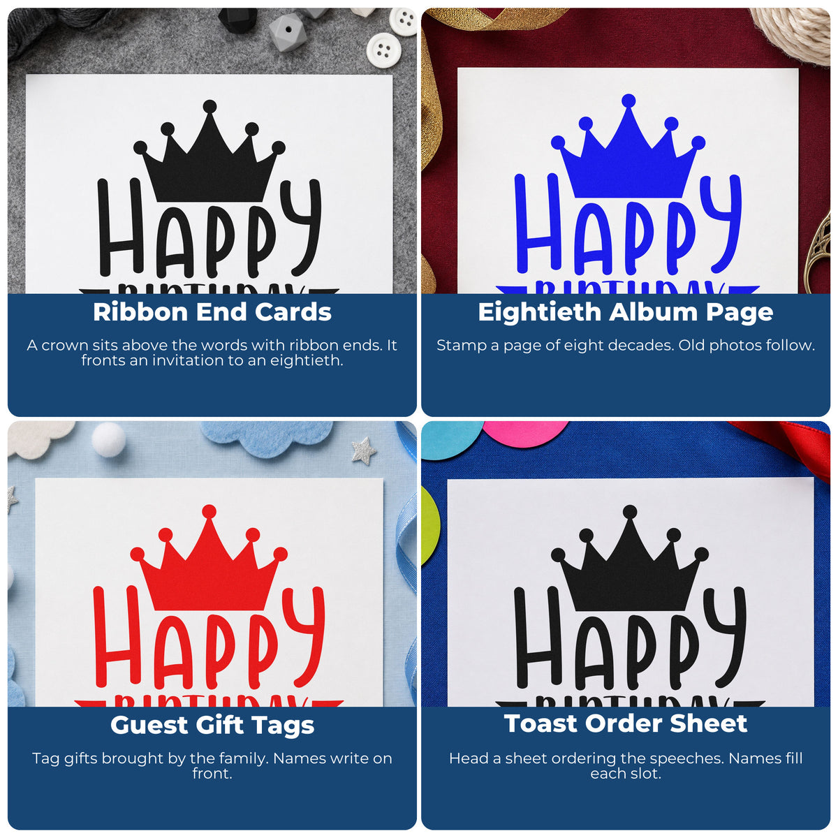 Four ways to use the Happy Birthday Crown Banner Stamp – Slim Pre-Inked: ribbon end cards, eightieth album page, guest gift tags and toast order sheet.