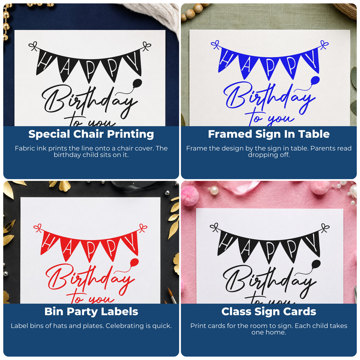 Four ways to use the Birthday To You Bunting Balloons Duo Hand Stamp: special chair printing, framed sign in table, bin party labels and class sign cards.