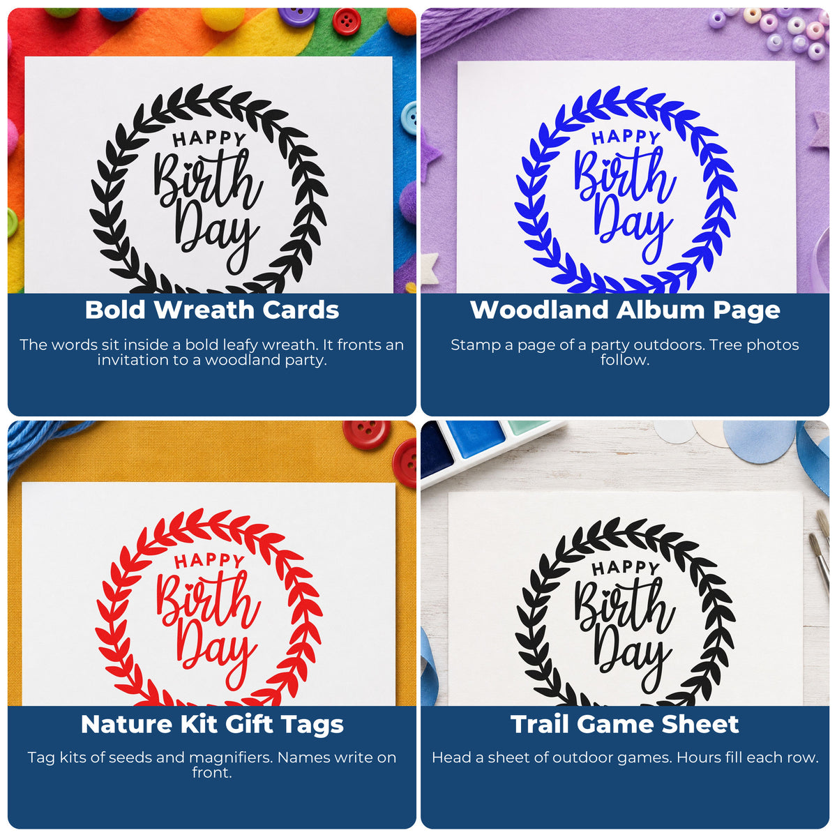 Four ways to use the Self-Inking Happy Birthday Leafy Wreath Stamp: bold wreath cards, woodland album page, nature kit gift tags and trail game sheet.