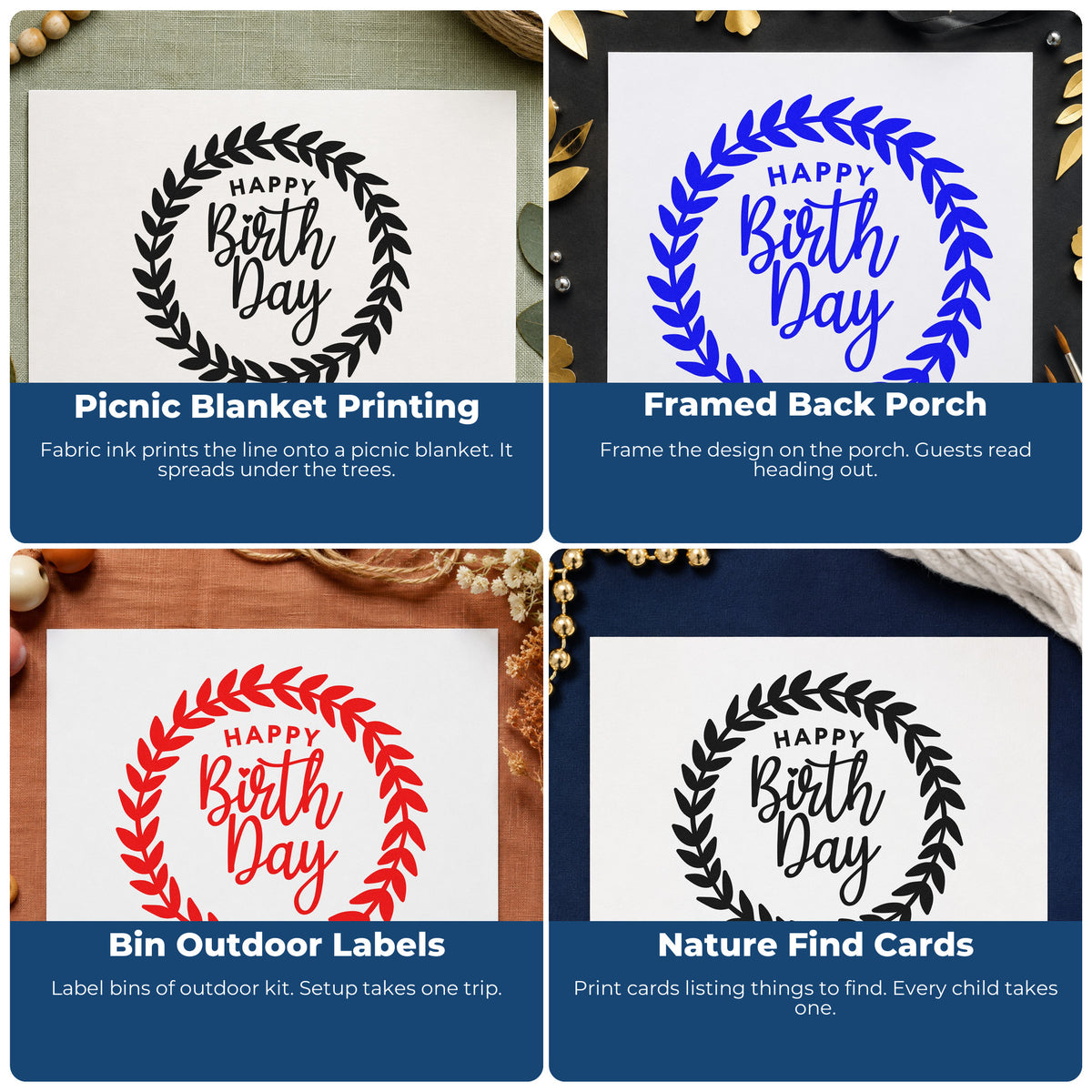 Four ways to use the Happy Birthday Leafy Wreath Stamp – Duo Hand: picnic blanket printing, framed back porch, bin outdoor labels and nature find cards.